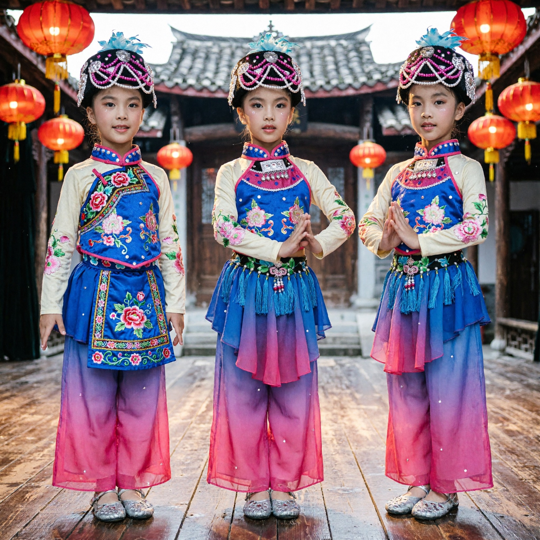 Traditional Chinese Ethnic Dance Costume for Kids Girls Colorful Miao Minority Embroidery Stage Performance Outfit - Asian Costume
