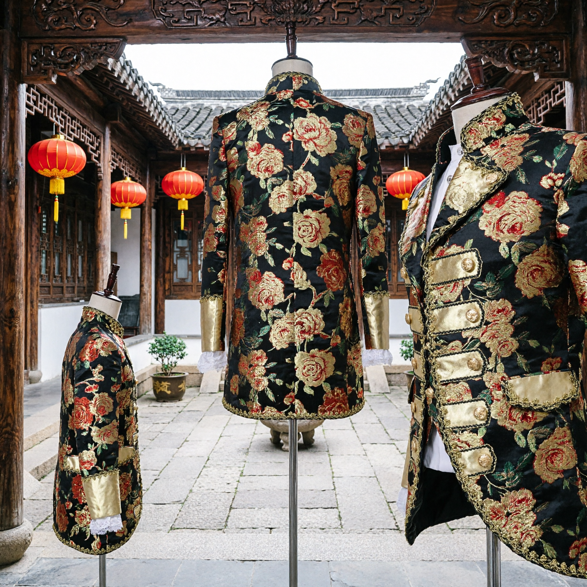 Men's Vintage Baroque Floral Tailcoat Jacket Gold Trim Ruffled Cuffs Victorian Prince Cosplay Costume - Asian Costume