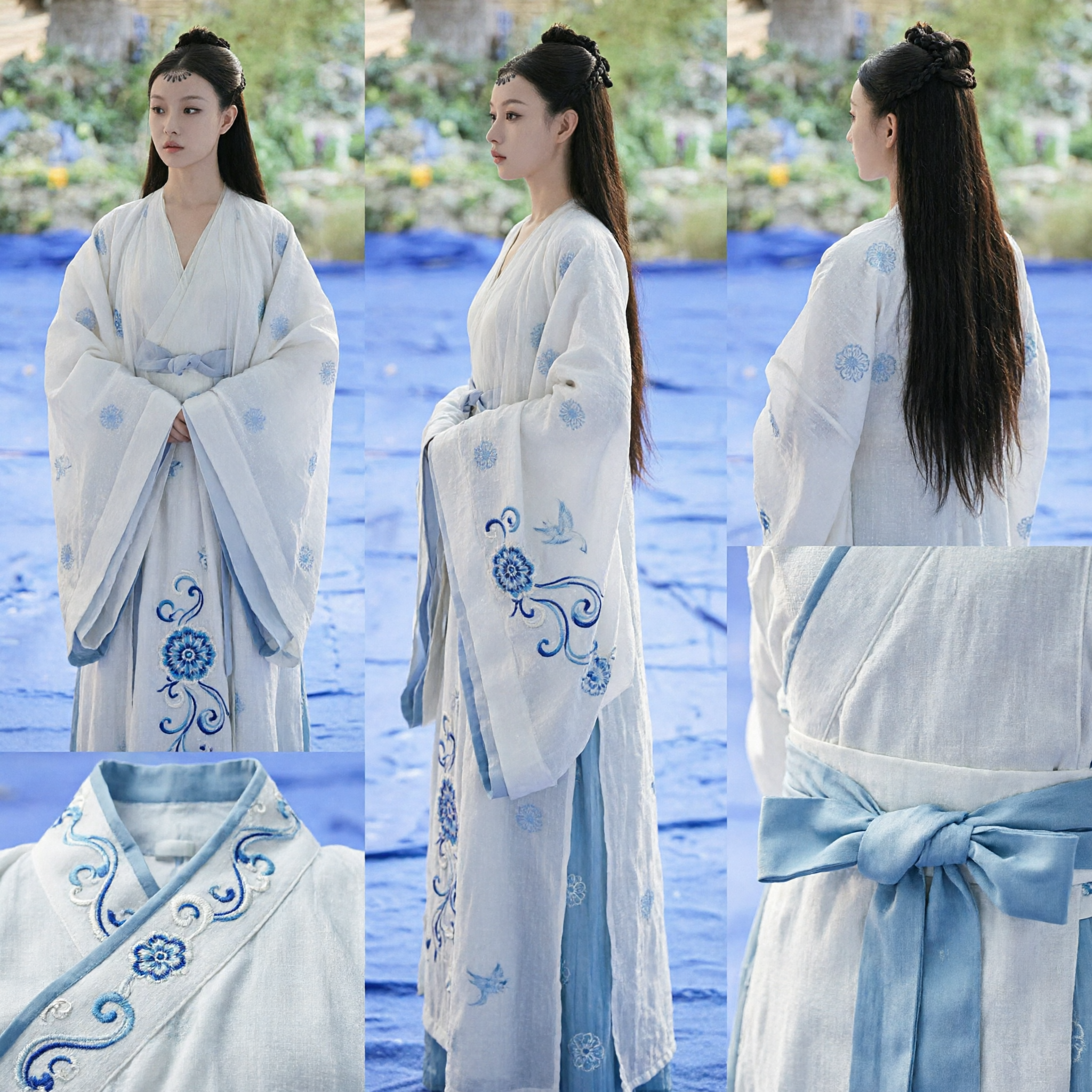 Elegant White Hanfu Ancient Chinese Costume Blue Floral Print Robe for Women Historical Drama Cosplay - Asian Costume