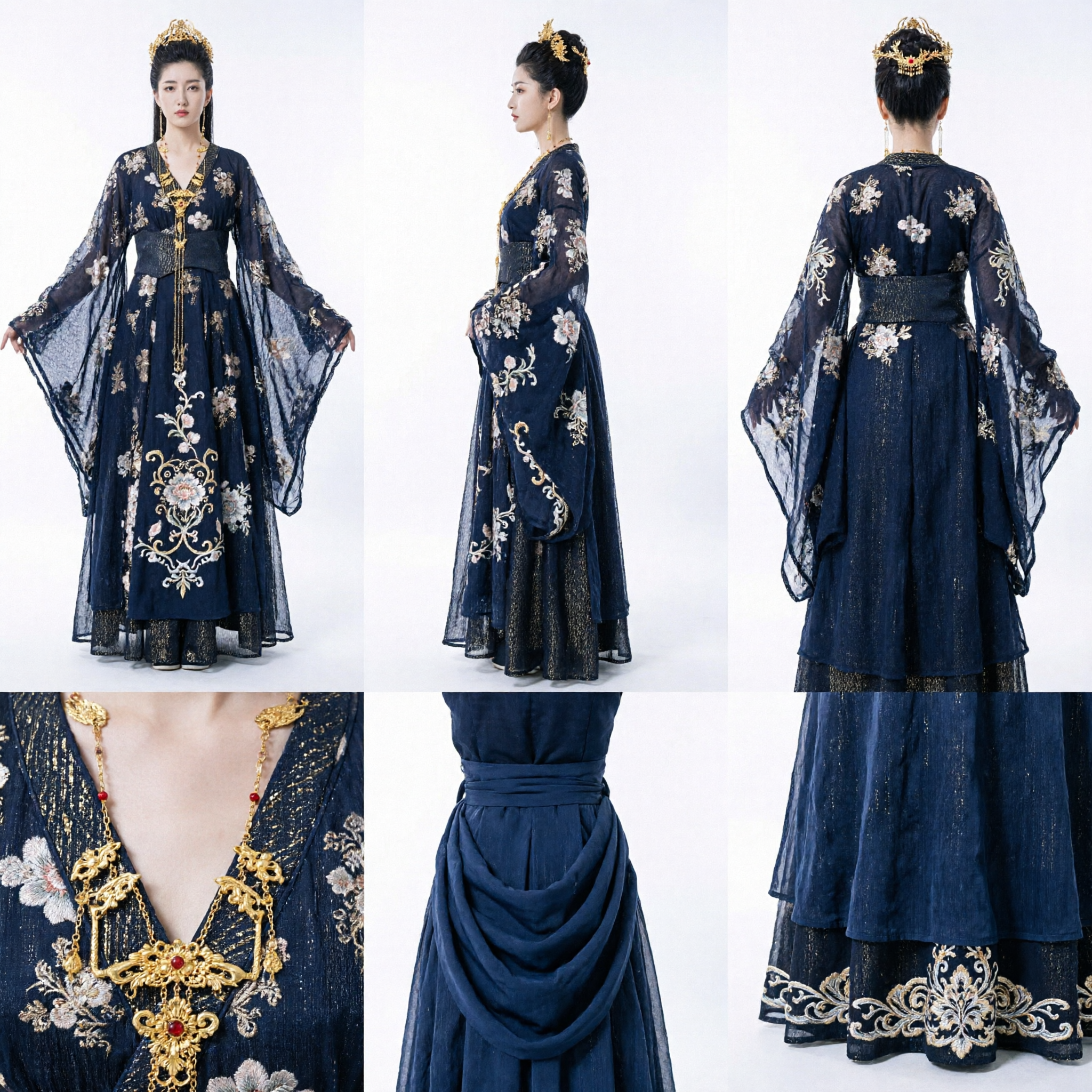 Dark Blue Chinese Ancient Palace Queen Costume Women Traditional Embroidered Hanfu Dress for Cosplay Performance - Asian Costume