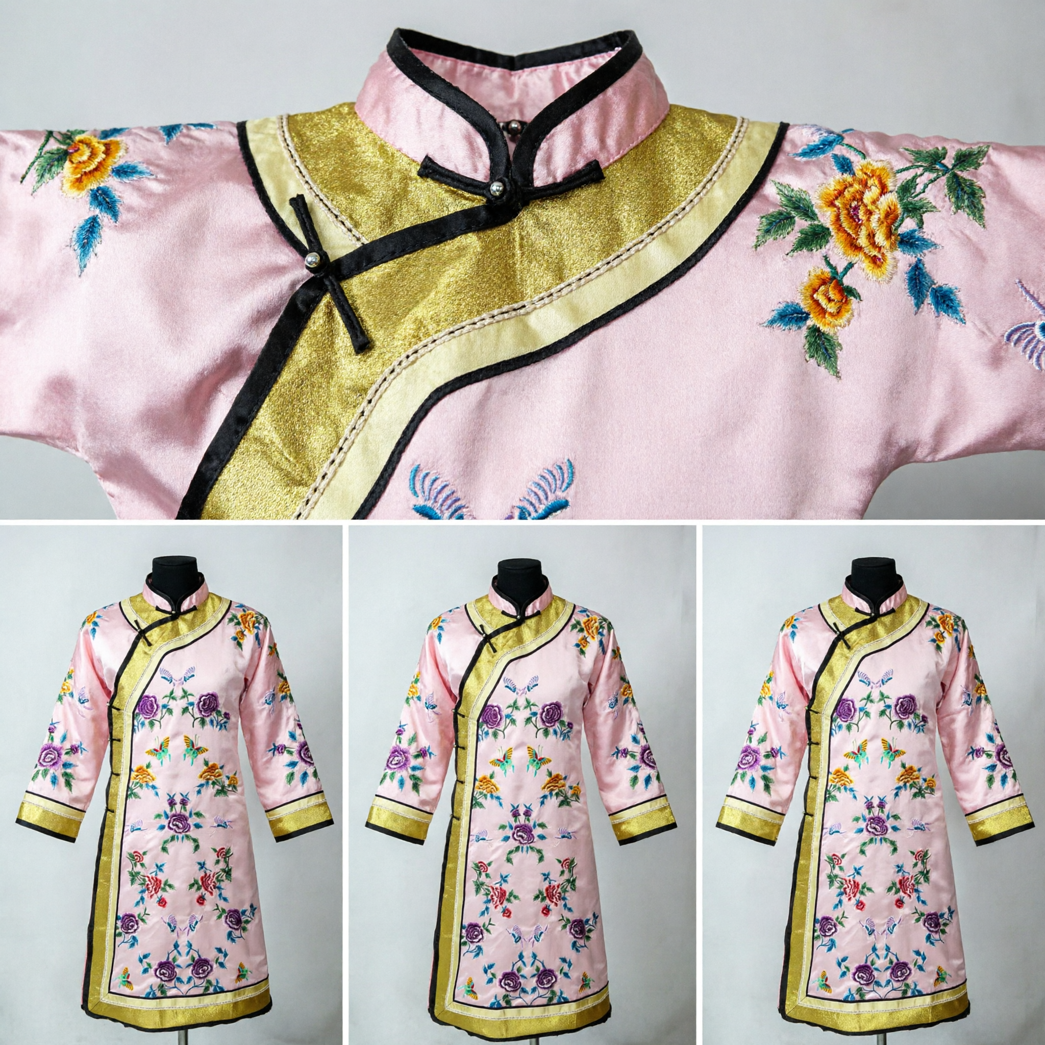 Traditional Chinese Pink Embroidered Silk Robe Qing Dynasty Changshan Costume for Stage Performance and Cosplay - Asian Costume