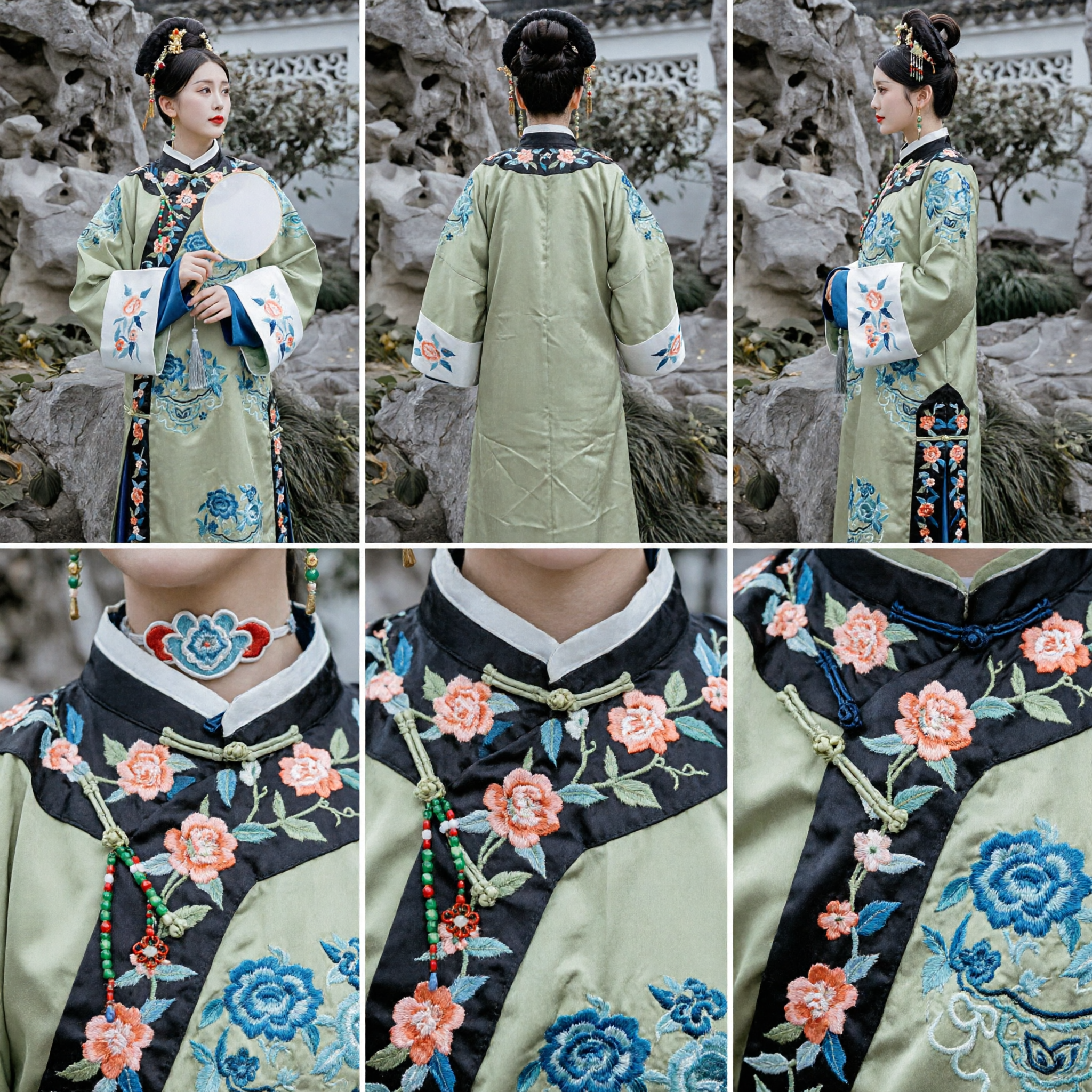 Ancient Chinese Qing Dynasty Green Embroidered Robe Traditional Hanfu Costume for Women Performance Photography - Asian Costume
