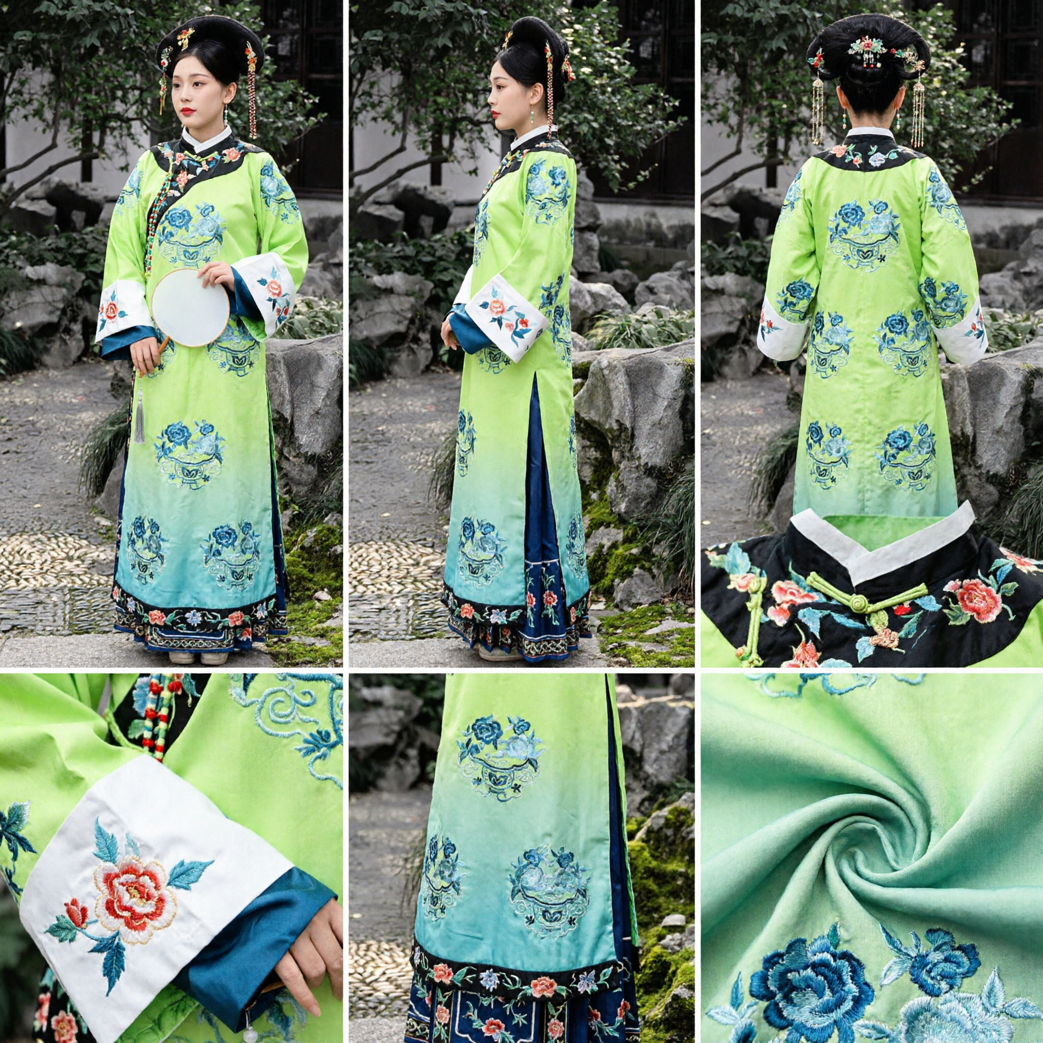 Traditional Chinese Qing Dynasty Manchu Princess Costume Green Embroidered Ancient Empress Dress for Women Cosplay Performance - Asian Costume