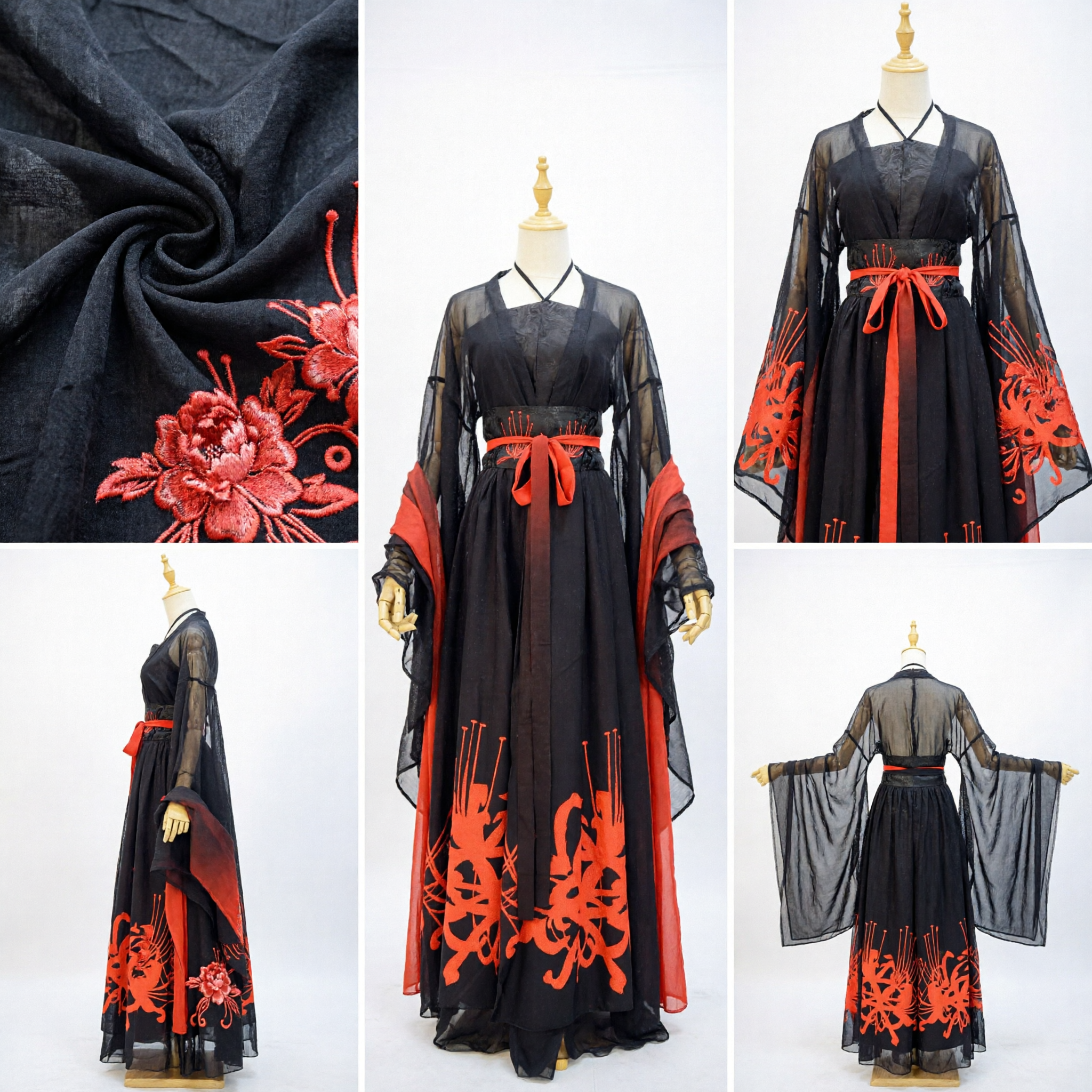 Women's Black Red Spider Lily Hanfu Traditional Chinese Ancient Dress Fantasy Cosplay Costume for Adults - Asian Costume