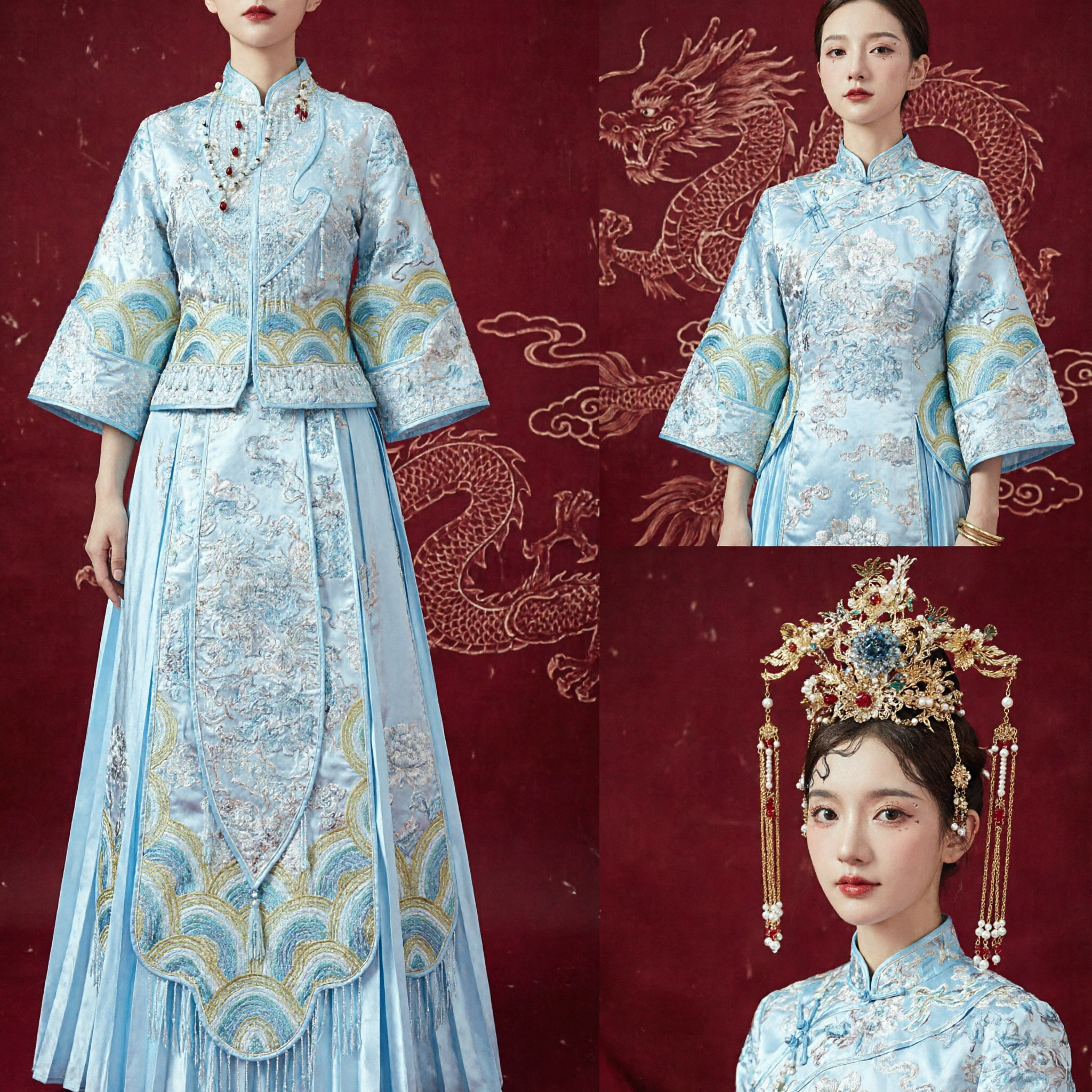 Exquisite Blue Traditional Chinese Wedding Dress Xiuhe Suit Ancient Hanfu Bride Costume with Phoenix Crown - Asian Costume