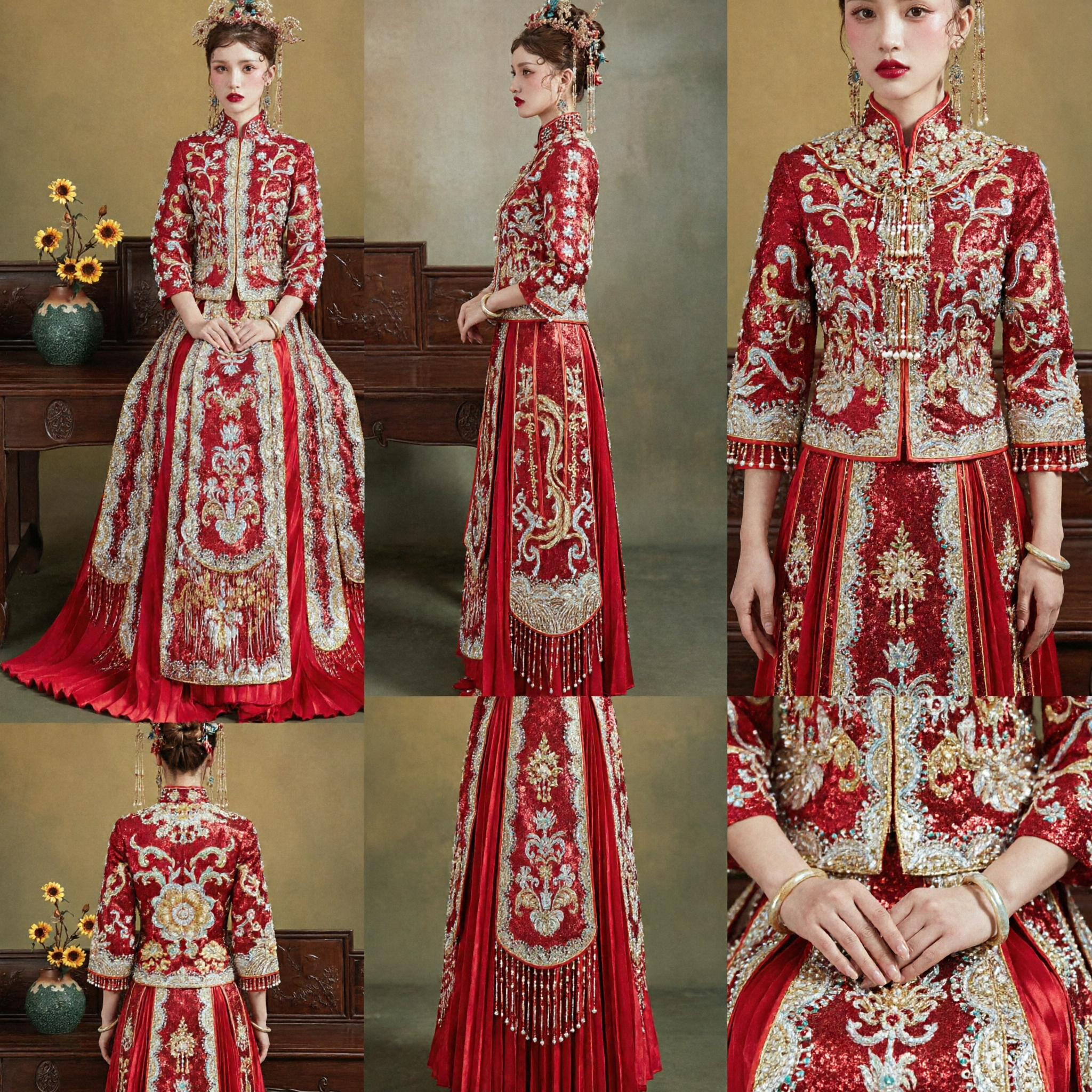 Traditional Chinese Wedding Dress Red Qun Kwa Xiu He Fu Embroidered Dragon Phoenix Gown for Bride - Asian Costume