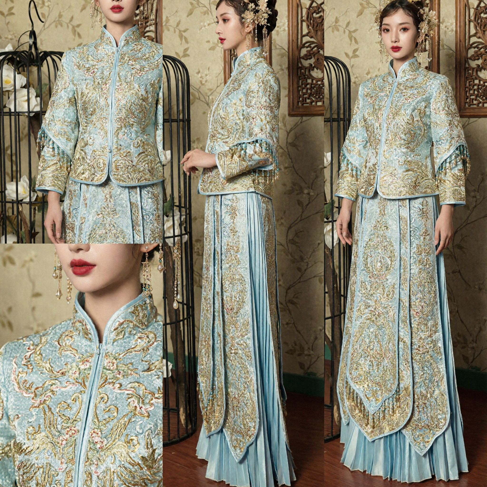 Traditional Chinese Wedding Dress Blue Xiuhe Suit Gold Embroidery Qun Kwa Bridal Costume for Women - Asian Costume
