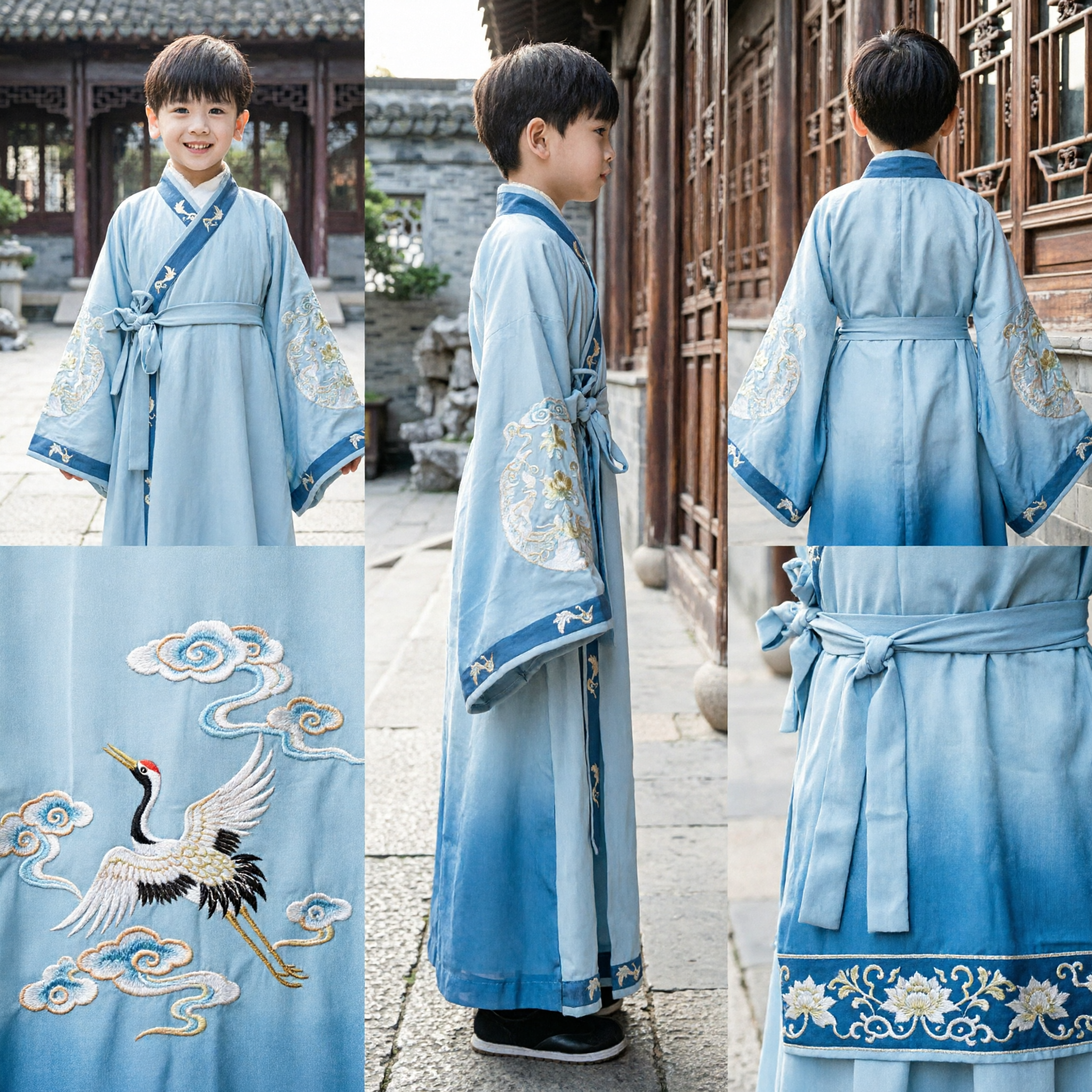 Boys Traditional Chinese Hanfu Costume Light Blue Embroidered Robe Ancient Scholar Kids Clothing - Asian Costume