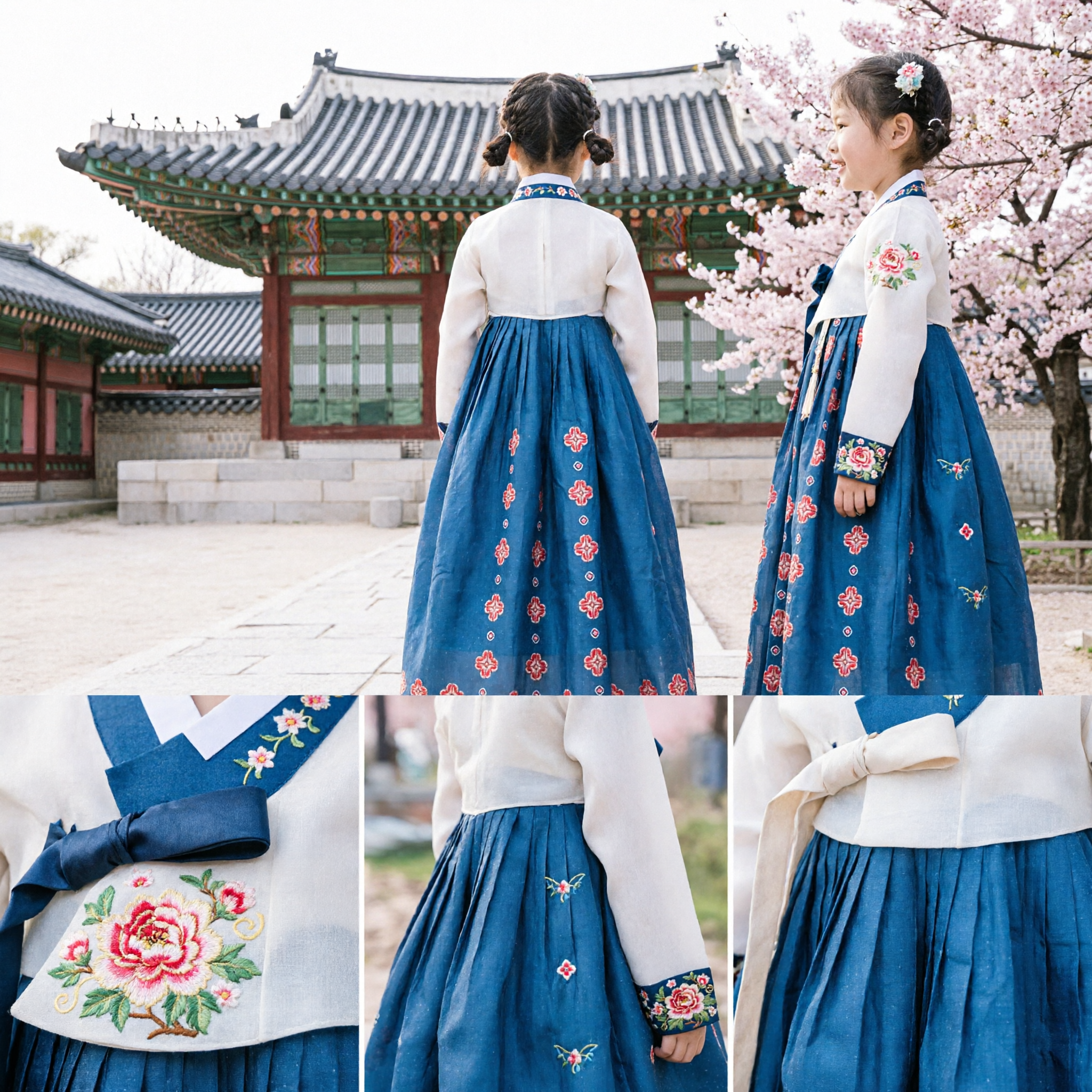 Traditional Korean Hanbok Dress for Girls Blue Floral Embroidered Costume for Kids Holidays - Asian Costume
