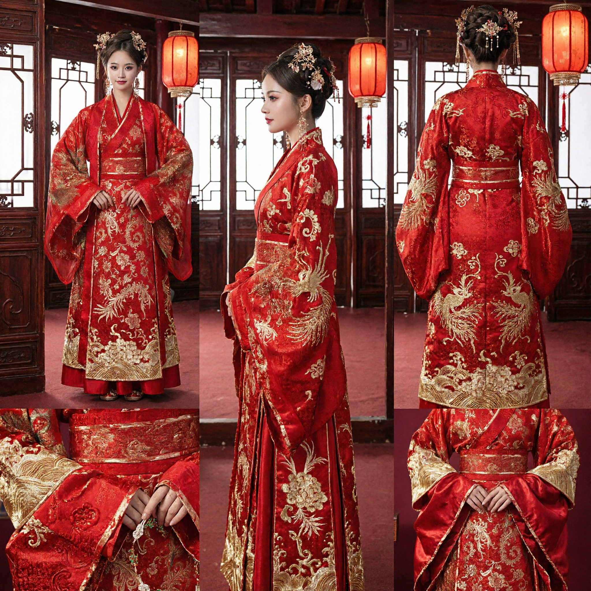 Traditional Chinese Wedding Dress Ancient Red Hanfu Bride Costume with Gold Phoenix Embroidery Complete Set - Asian Costume