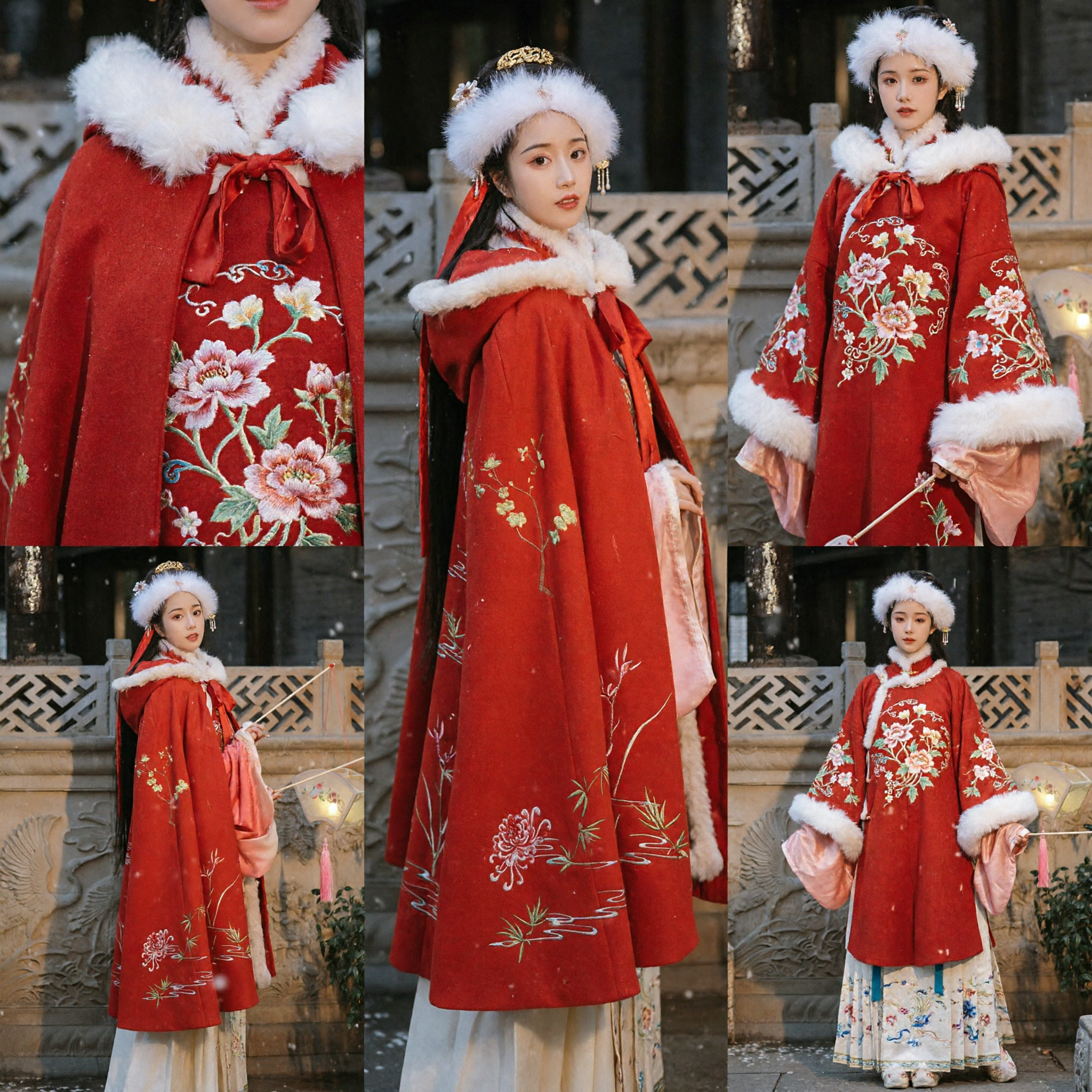 Women's Traditional Red Hanfu Winter Cloak with White Fur Trim and Floral Embroidery Ancient Costume - Asian Costume