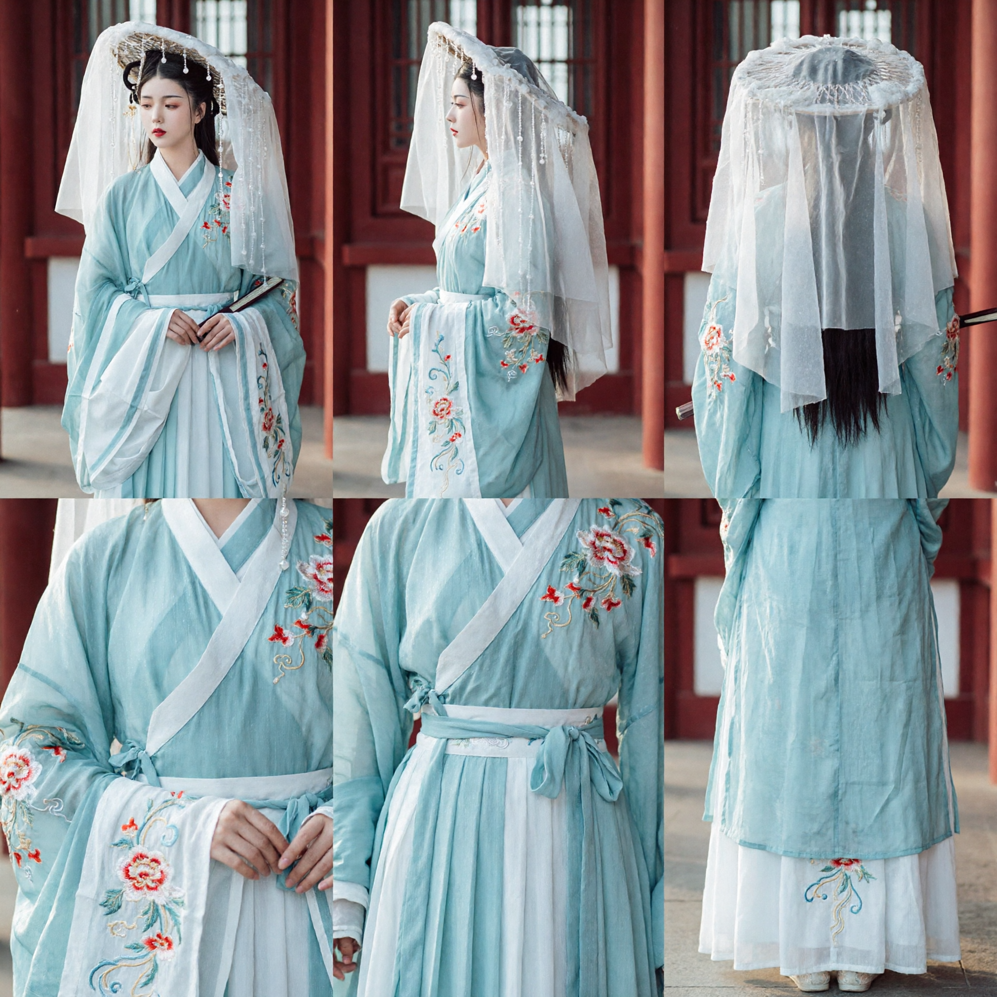 Traditional Chinese Hanfu Light Blue Ancient Fairy Costume with Pearl Veil for Women Cosplay Photography - Asian Costume