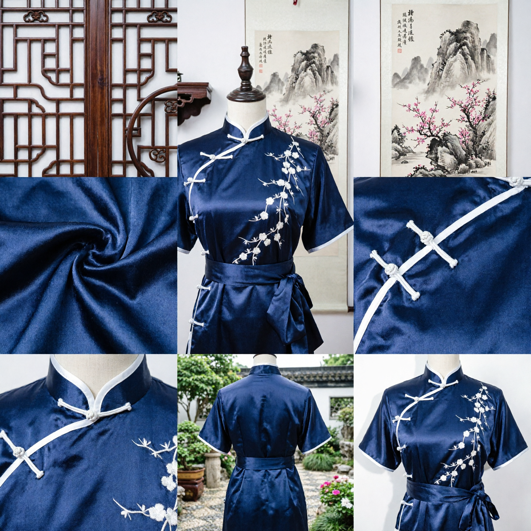 Women's Navy Blue Satin Kung Fu Uniform Traditional Chinese Tai Chi Suit with Plum Blossom Embroidery Martial Arts - Asian Costume