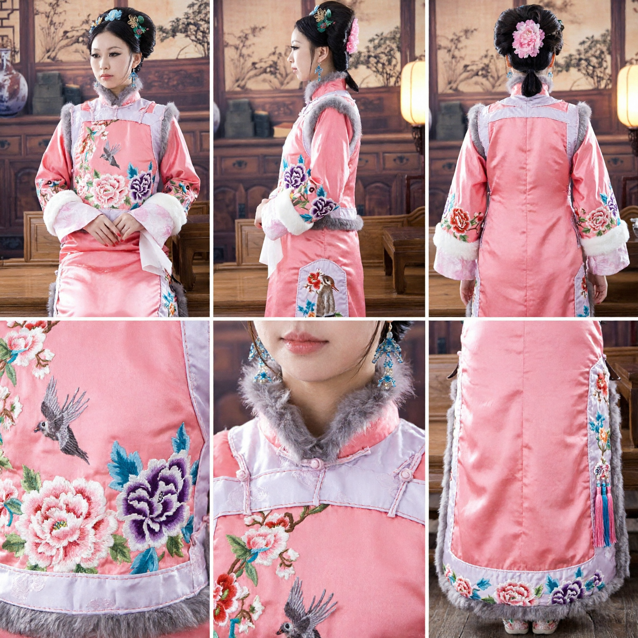 Women's Pink Qing Dynasty Manchu Palace Costume Traditional Chinese Embroidered Dress with Fur Trim for Cosplay - Asian Costume