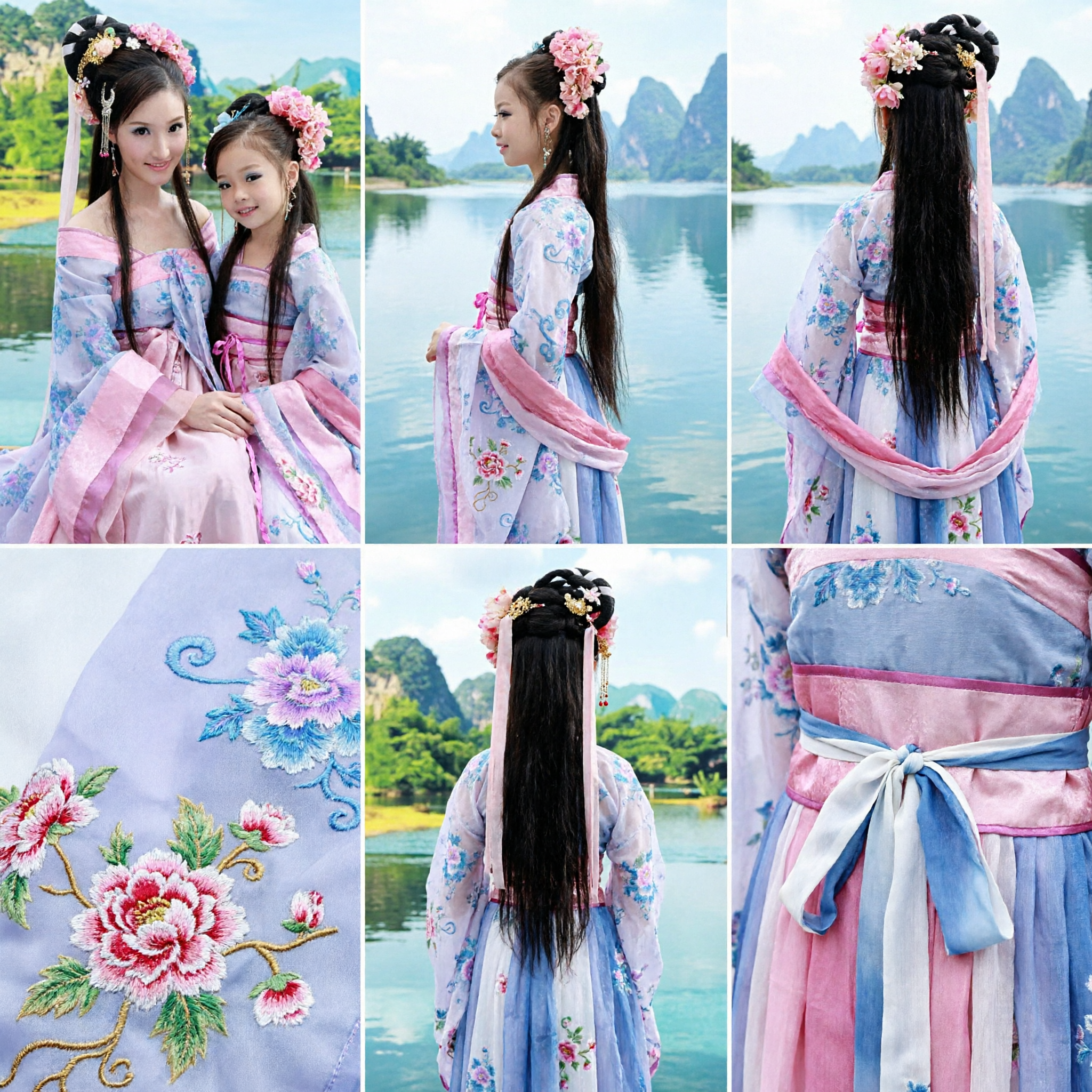 Traditional Chinese Tang Dynasty Hanfu Mother Daughter Matching Set Pink Floral Ancient Fairy Costume for Women and Girls - Asian Costume