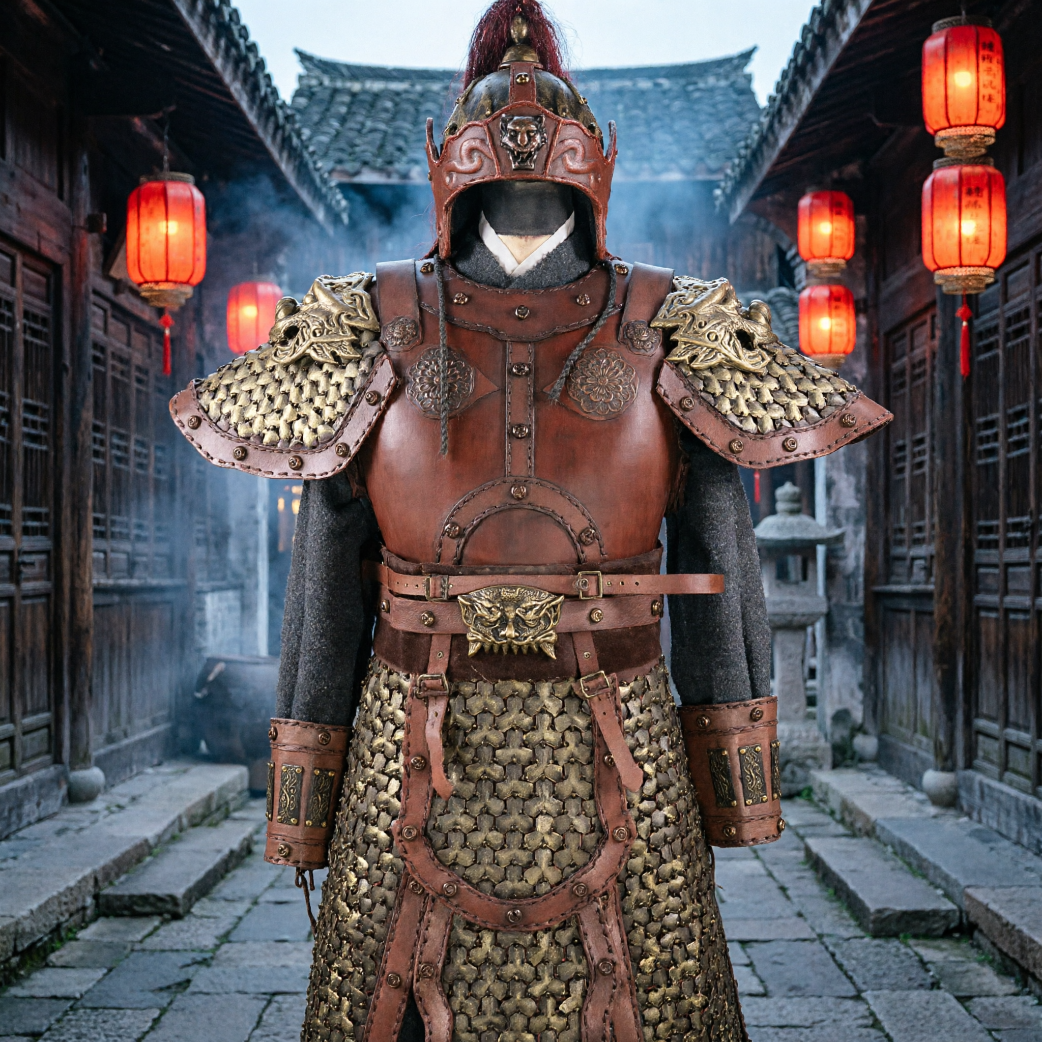 Traditional Chinese Ming Dynasty General Armor Costume Full Set Leather Scale Helmet for Men Cosplay - Asian Costume