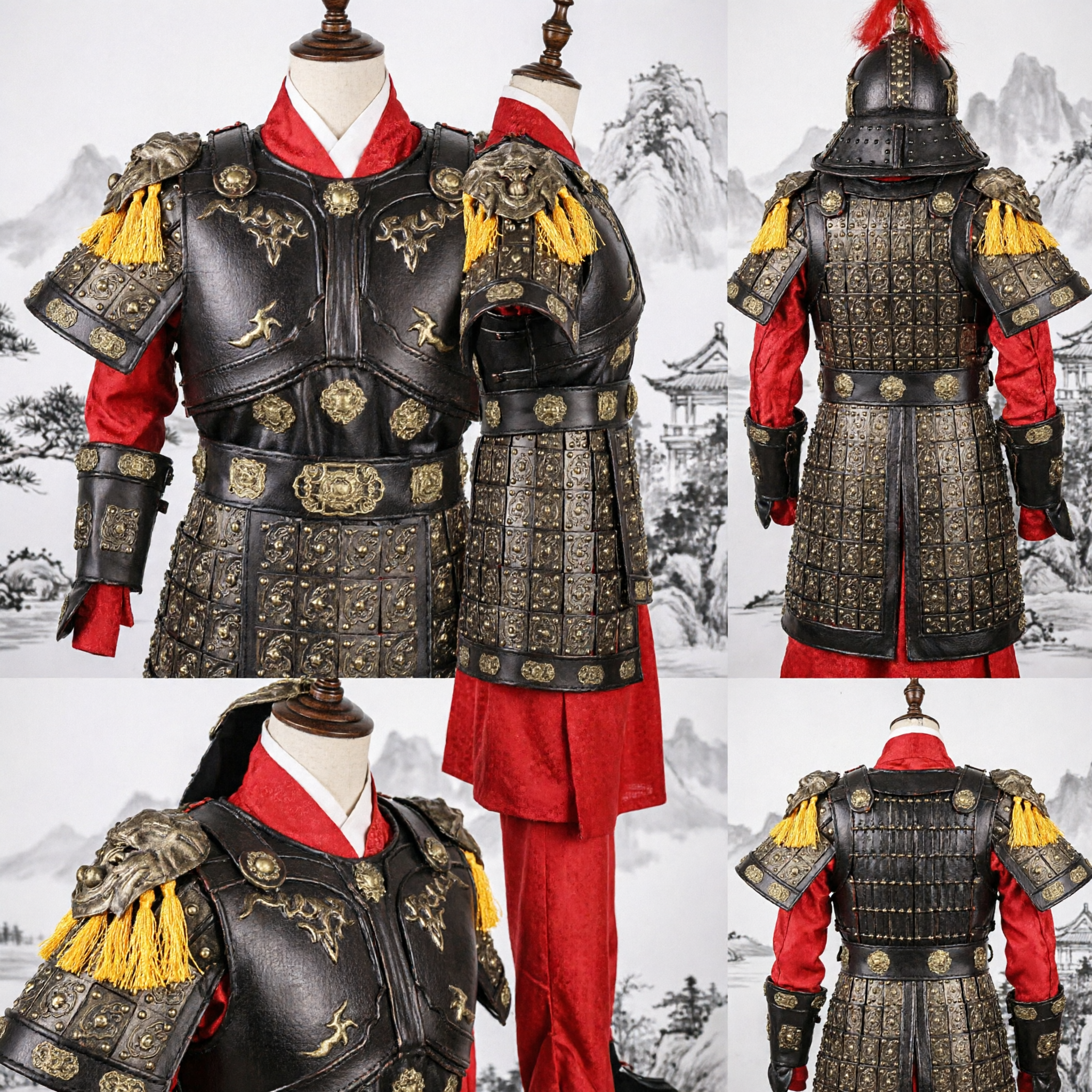 Traditional Chinese General Armor Black Leather Warrior Cosplay Costume Set for Men Stage Performance - Asian Costume