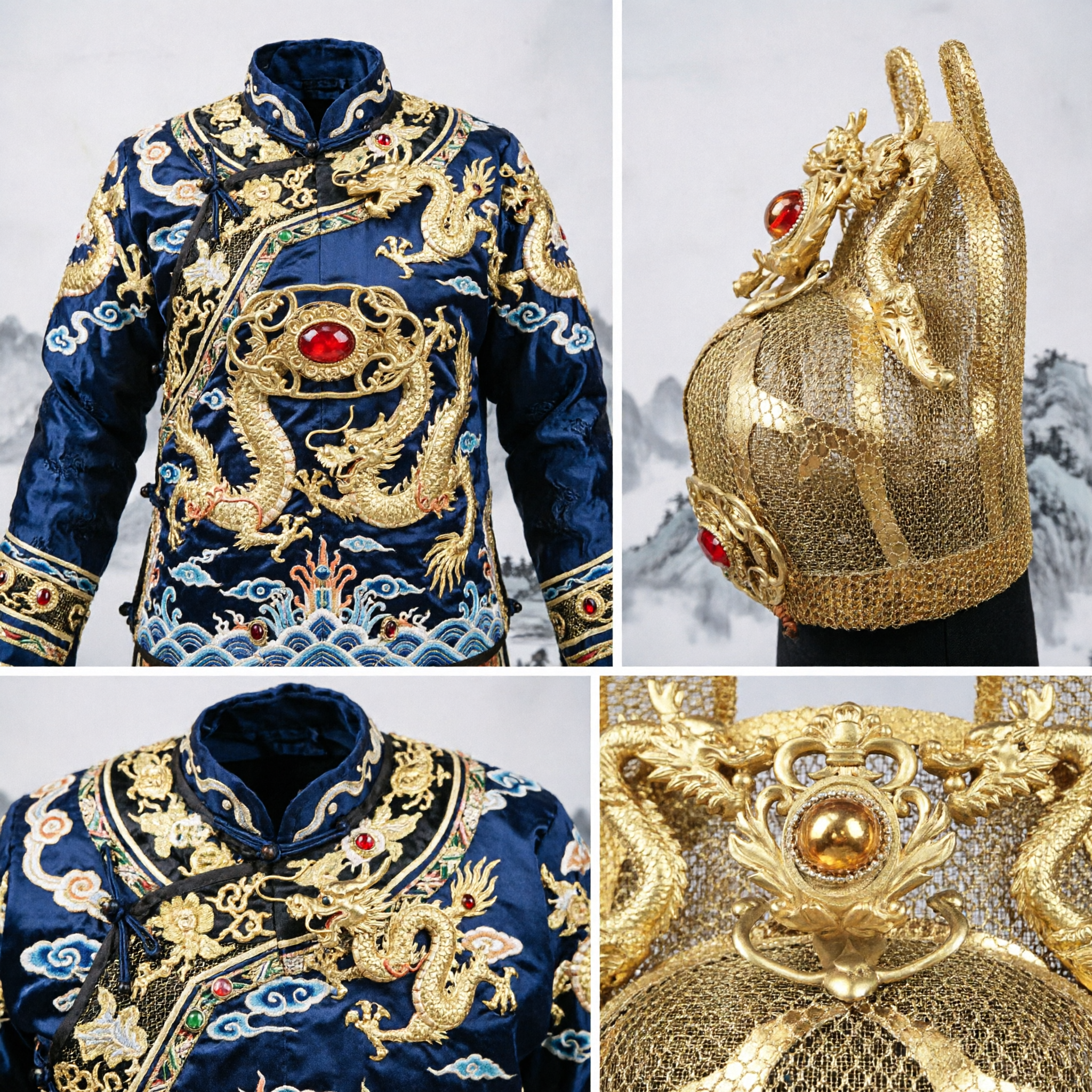 Traditional Chinese Ancient Emperor Golden Dragon Mesh Crown Hanfu Headwear for Men Cosplay Costume - Asian Costume