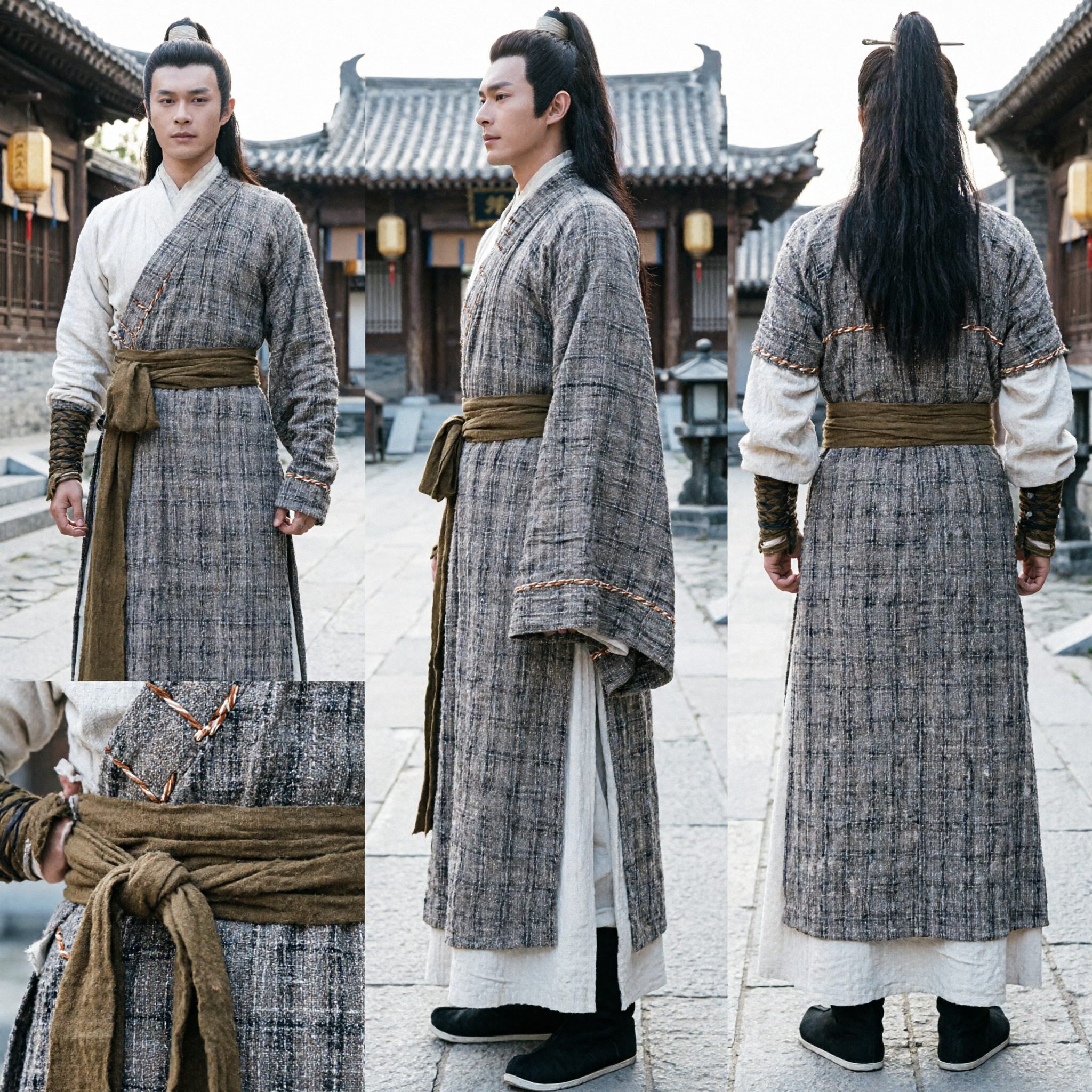 Men's Ancient Chinese Wuxia Swordsman Hanfu Costume Plaid Robe Cosplay Outfit for Historical Drama - Asian Costume