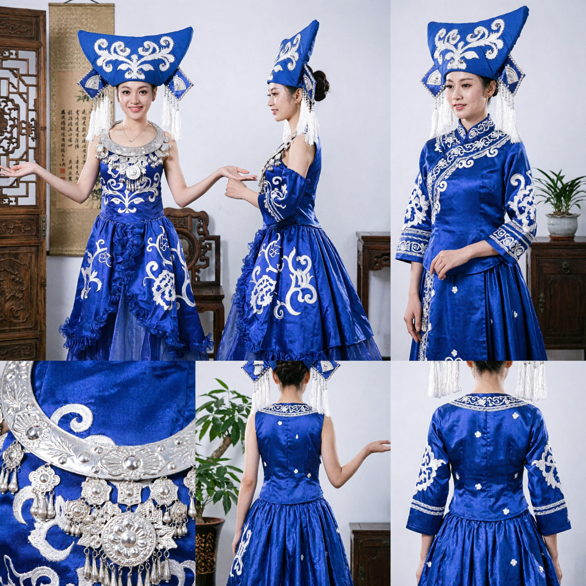 Chinese Traditional Blue Miao Ethnic Costume Women's Folk Dance Stage Performance Dress with Ornate Embroidered Headdress - Asian Costume