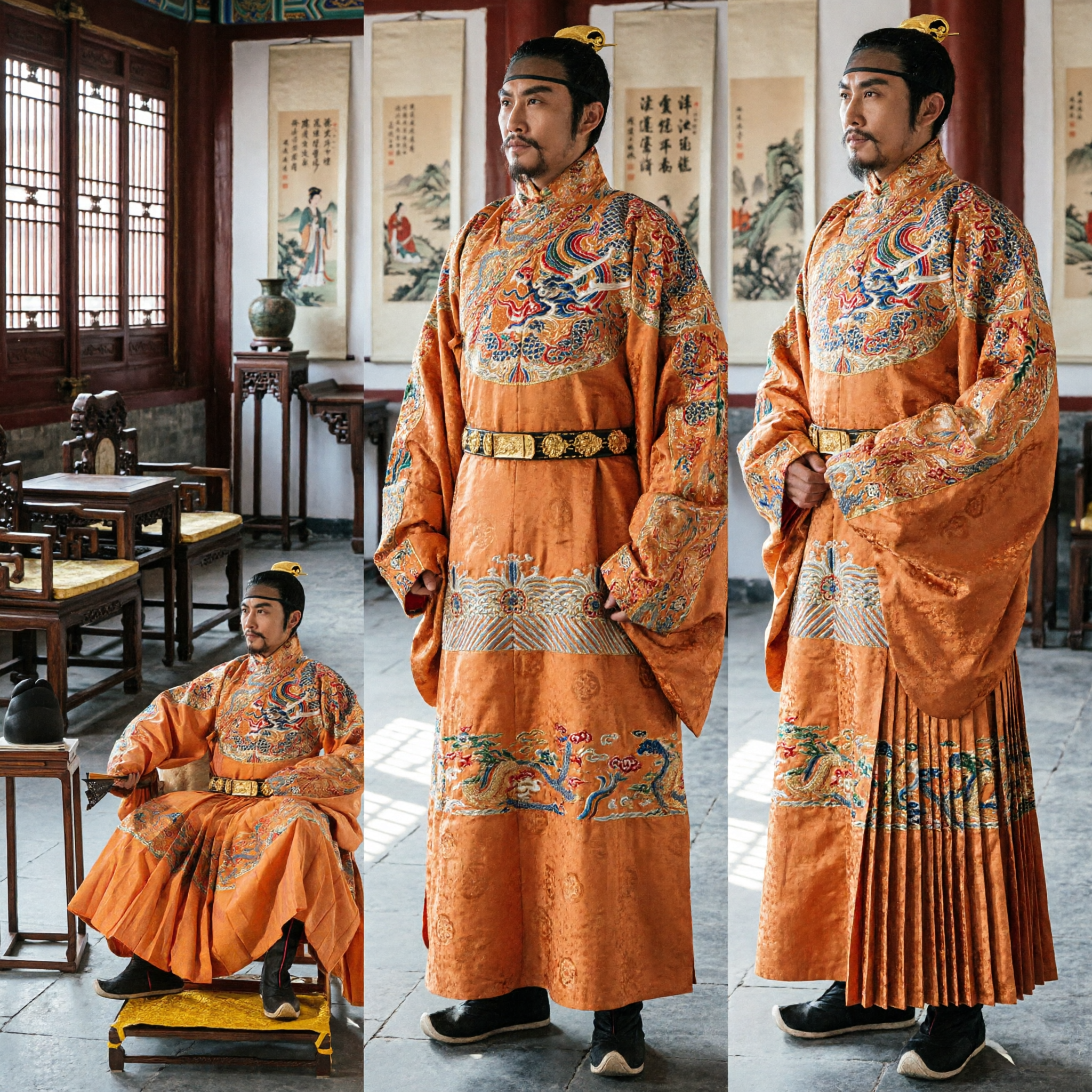Traditional Chinese Emperor Costume Men Ming Dynasty Orange Dragon Robe Historical Cosplay Hanfu Outfit - Asian Costume