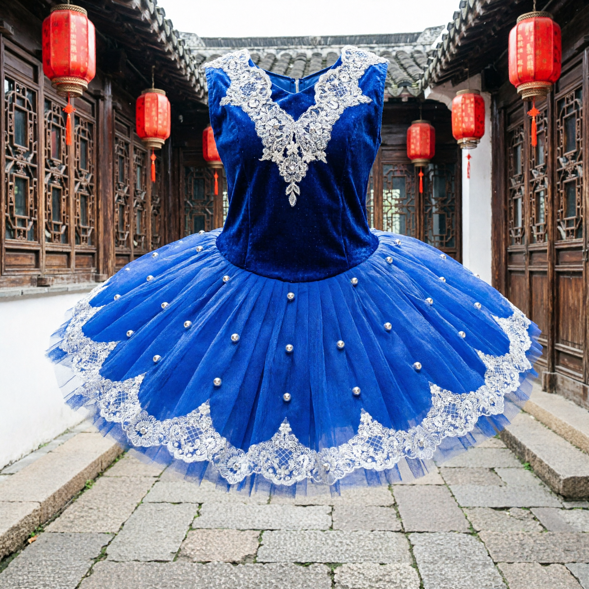 Royal Blue Chinese Folk Dance Costume with Silver Lace and Pearls for Women Yangge Stage Performance - Asian Costume