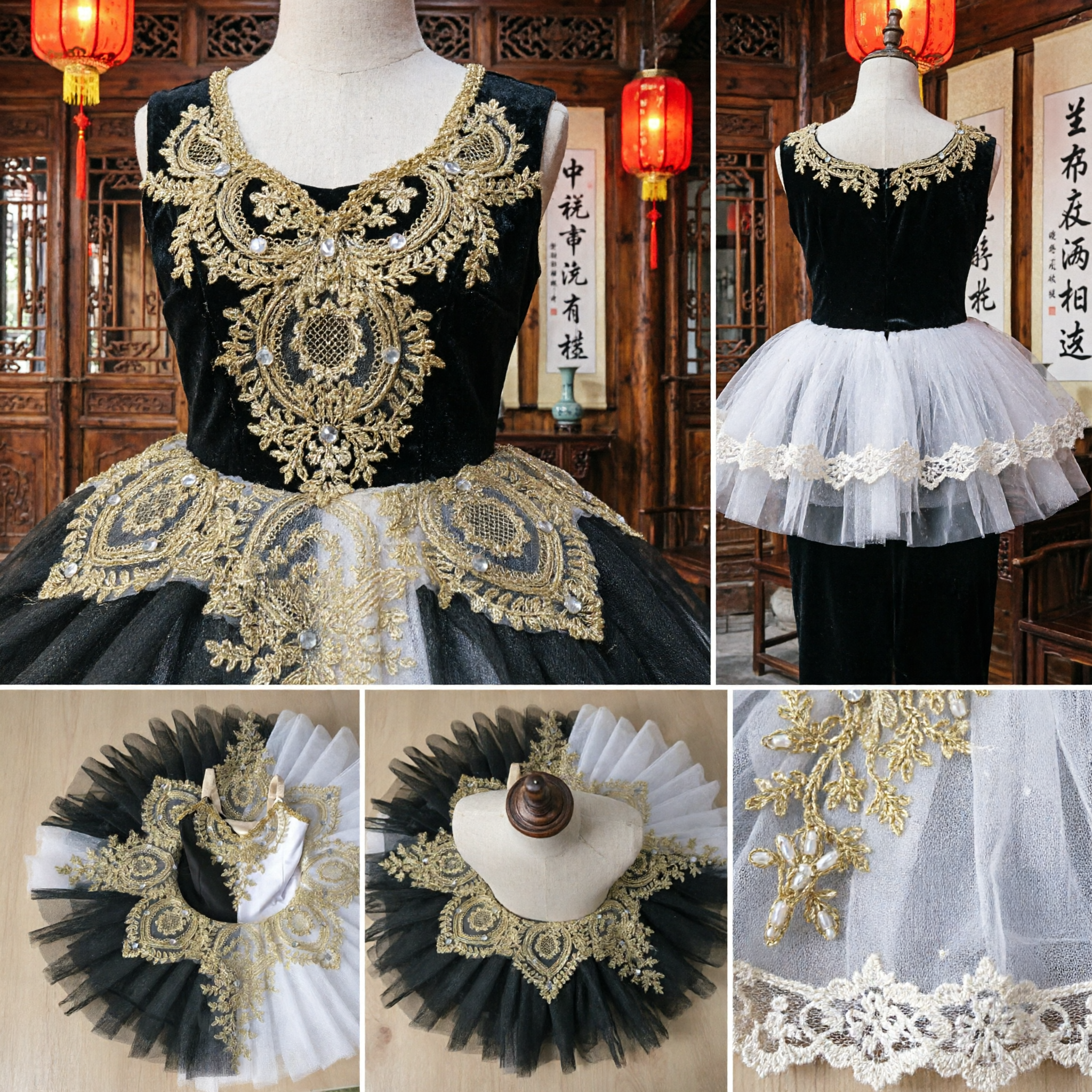 Women's Black and White Renaissance Ruff Collar Bodice with Gold Pearl Embroidery for Stage Performance - Asian Costume