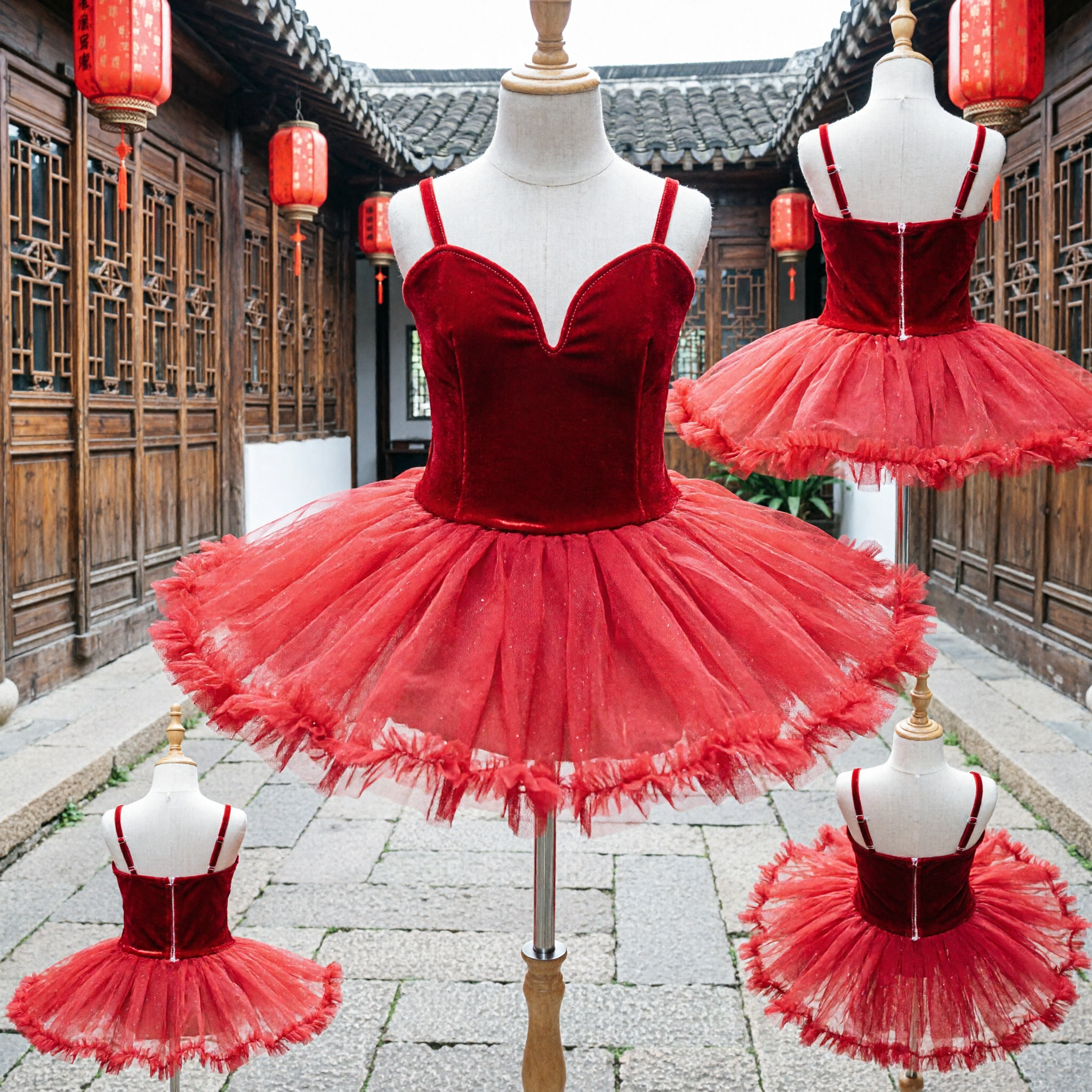 Professional Red Ballet Tutu Dress Velvet Bodice Tulle Skirt Dance Performance Costume for Girls - Asian Costume