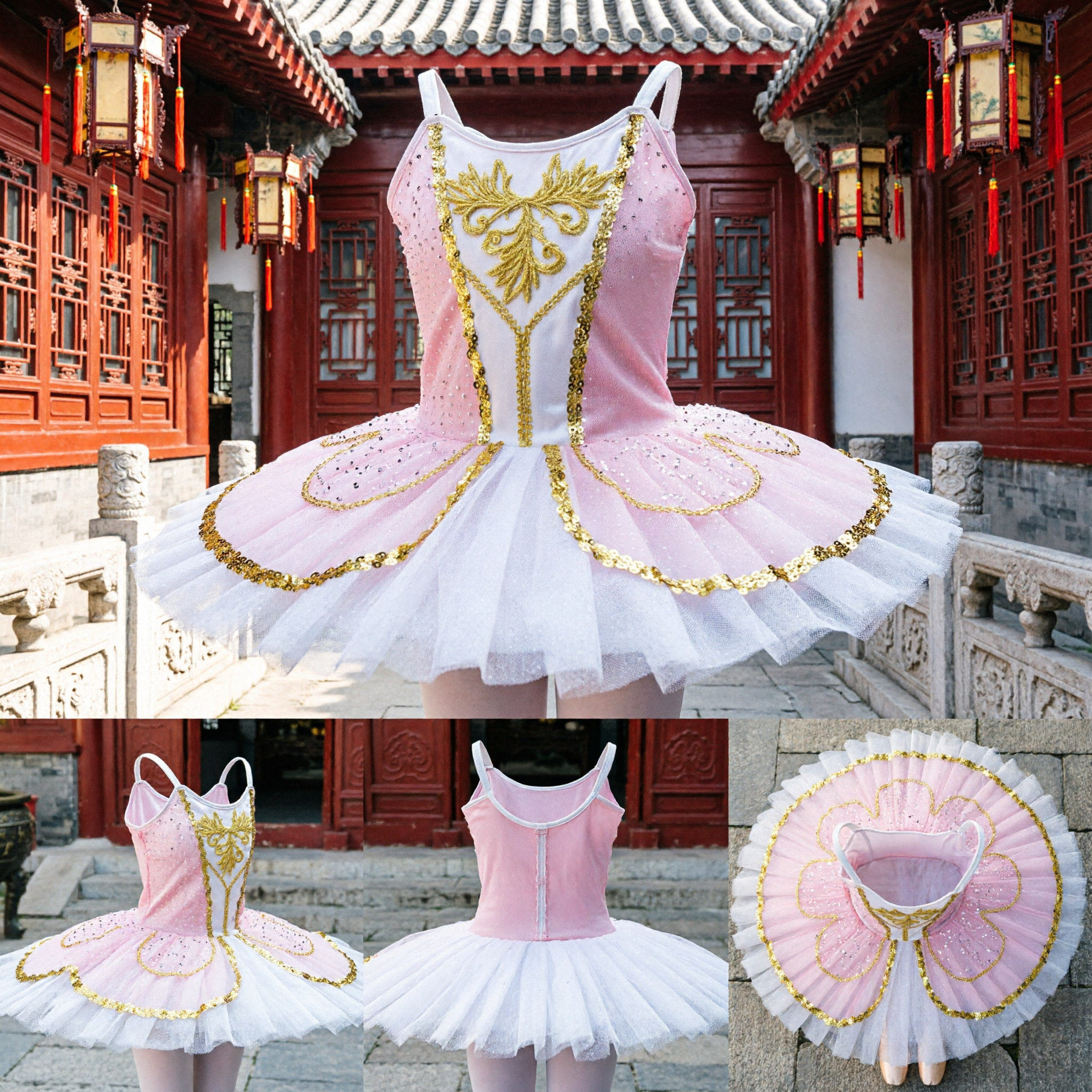 Professional White and Pink Ballet Tutu Dress with Gold Sequin Embroidery for Girls Stage Performance - Asian Costume