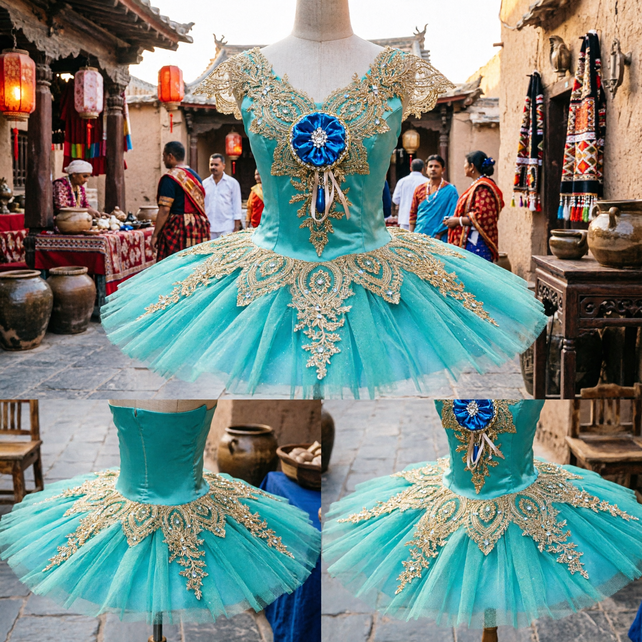 Professional Classical Ballet Tutu Dress Teal Blue Gold Embroidery Rhinestone Stage Performance Costume for Girls - Asian Costume