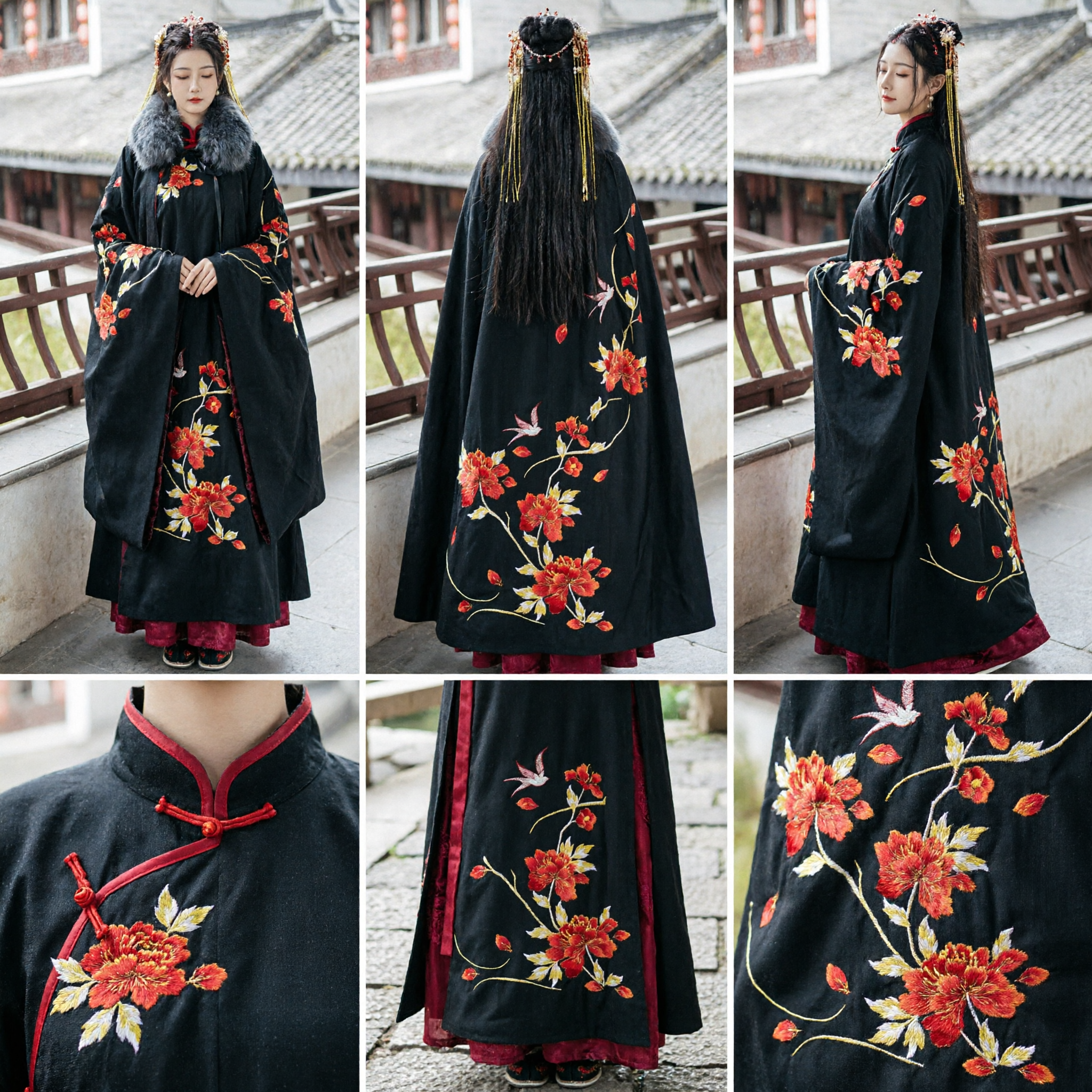 Traditional Chinese Hanfu Black Cloak with Floral Embroidery Ancient Princess Costume for Women Cosplay - Asian Costume