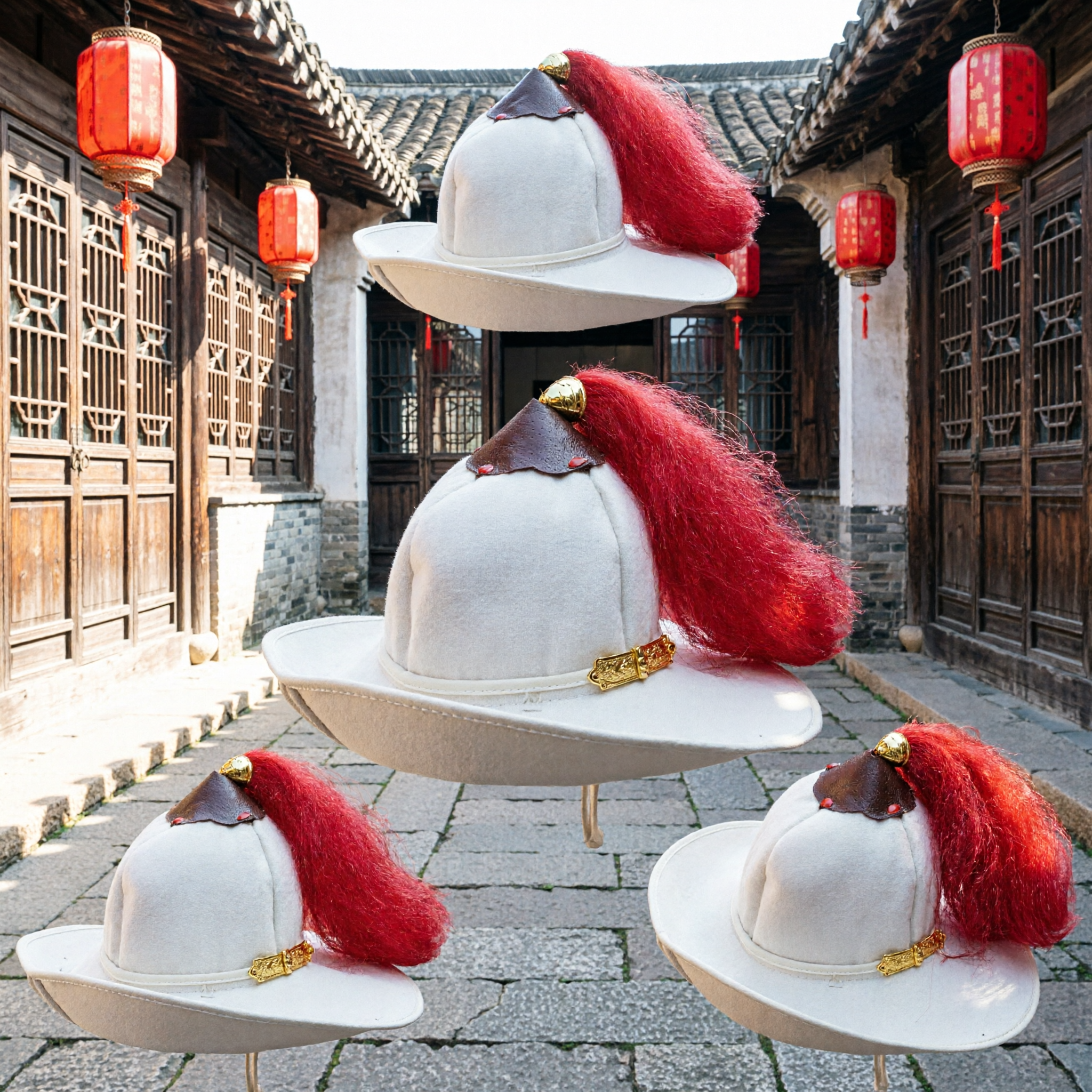 Traditional Chinese Qing Dynasty General White Helmet with Red Tassel Cosplay Costume Hat for Men - Asian Costume