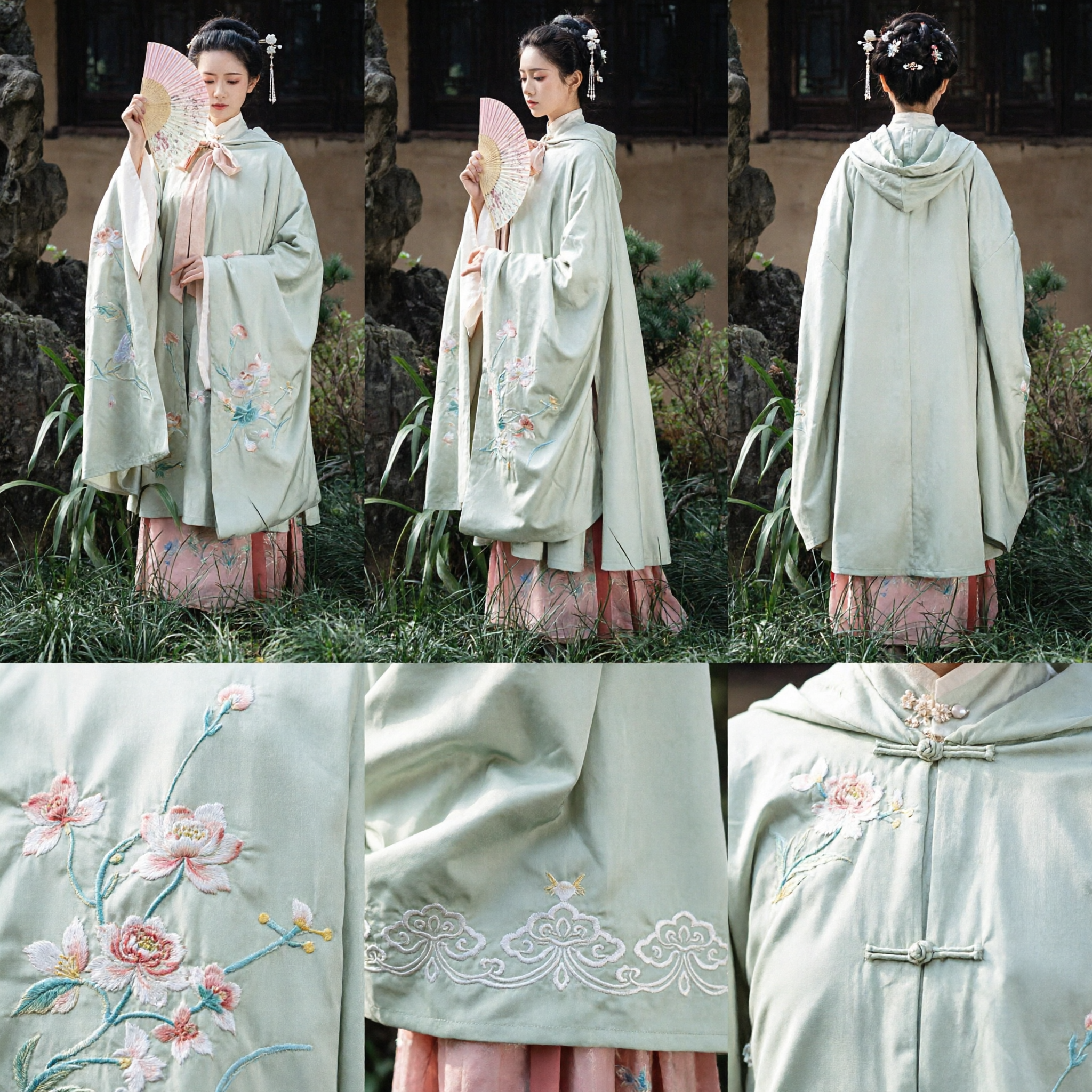 Traditional Chinese Hanfu Green Floral Embroidered Hooded Cloak Cape Ancient Costume for Women - Asian Costume