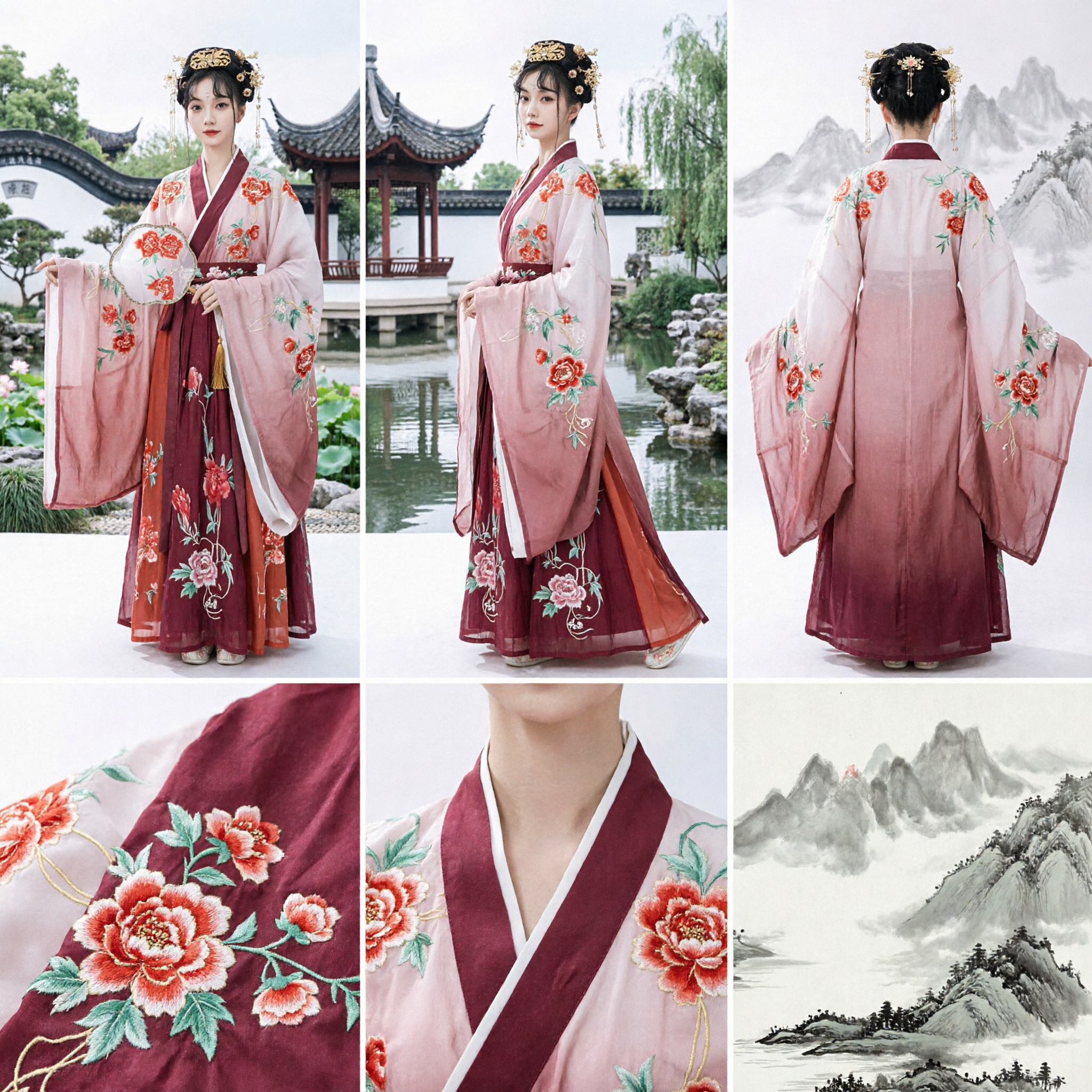 Elegant Traditional Chinese Hanfu Ancient Costume for Women Pink Embroidered Floral Dress Song Dynasty Style - Asian Costume