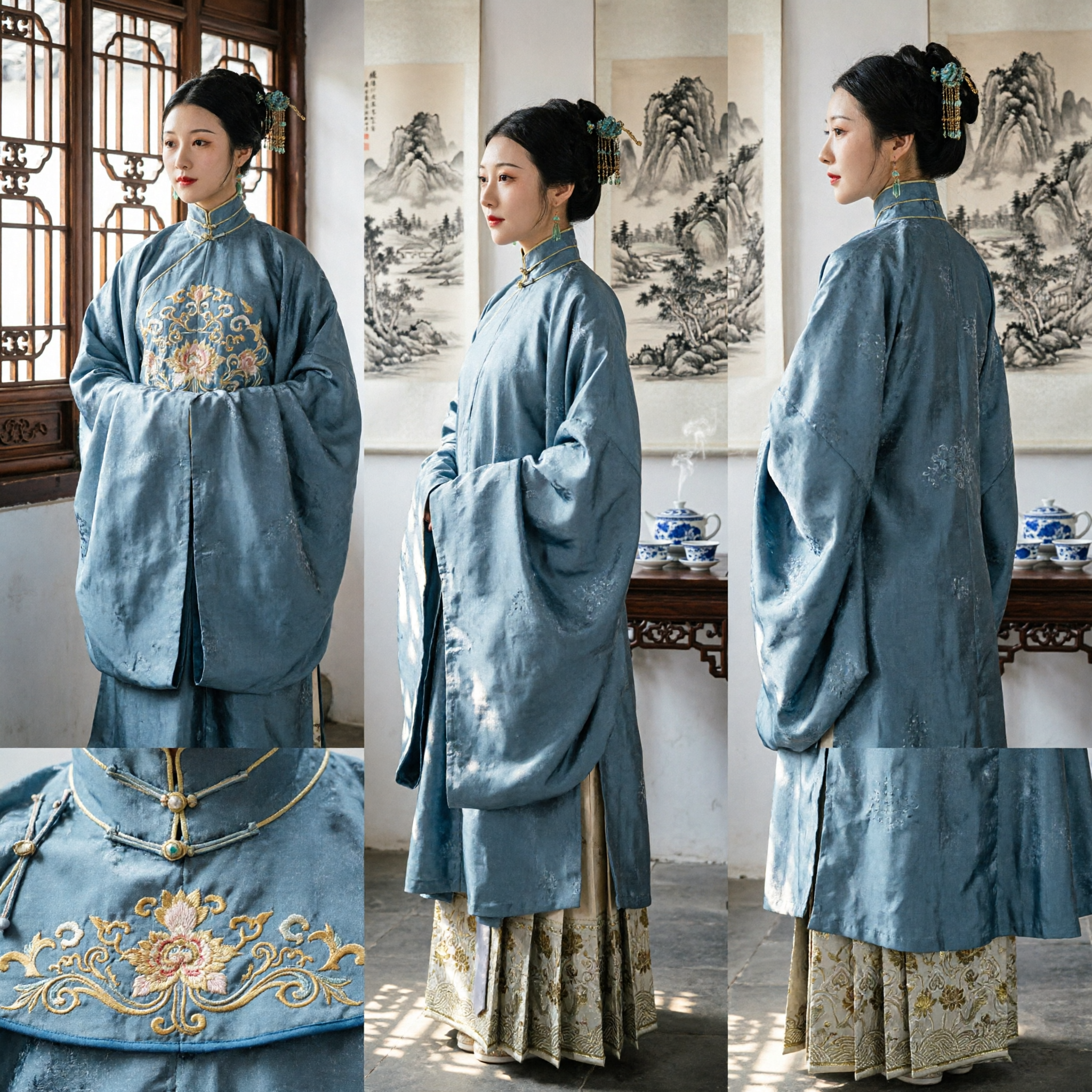 Elegant Blue Ming Dynasty Hanfu Traditional Chinese Costume Women's Silk Robe and Horse Face Skirt Set - Asian Costume