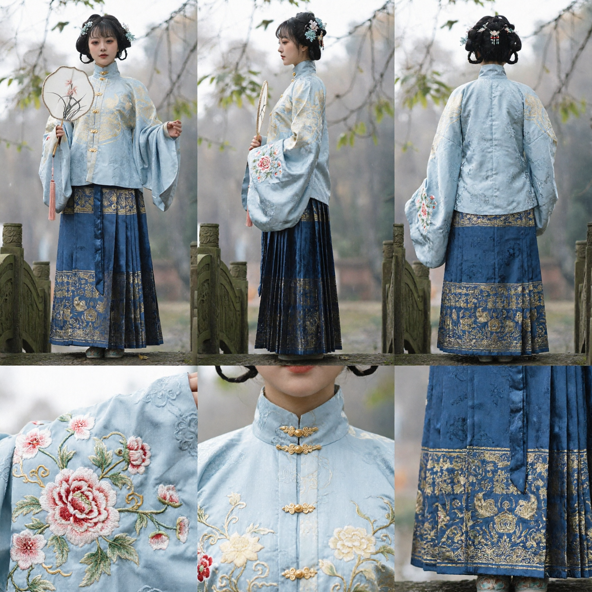 Elegant Traditional Chinese Hanfu Ming Dynasty Style Blue Embroidered Top and Skirt Set for Women - Asian Costume