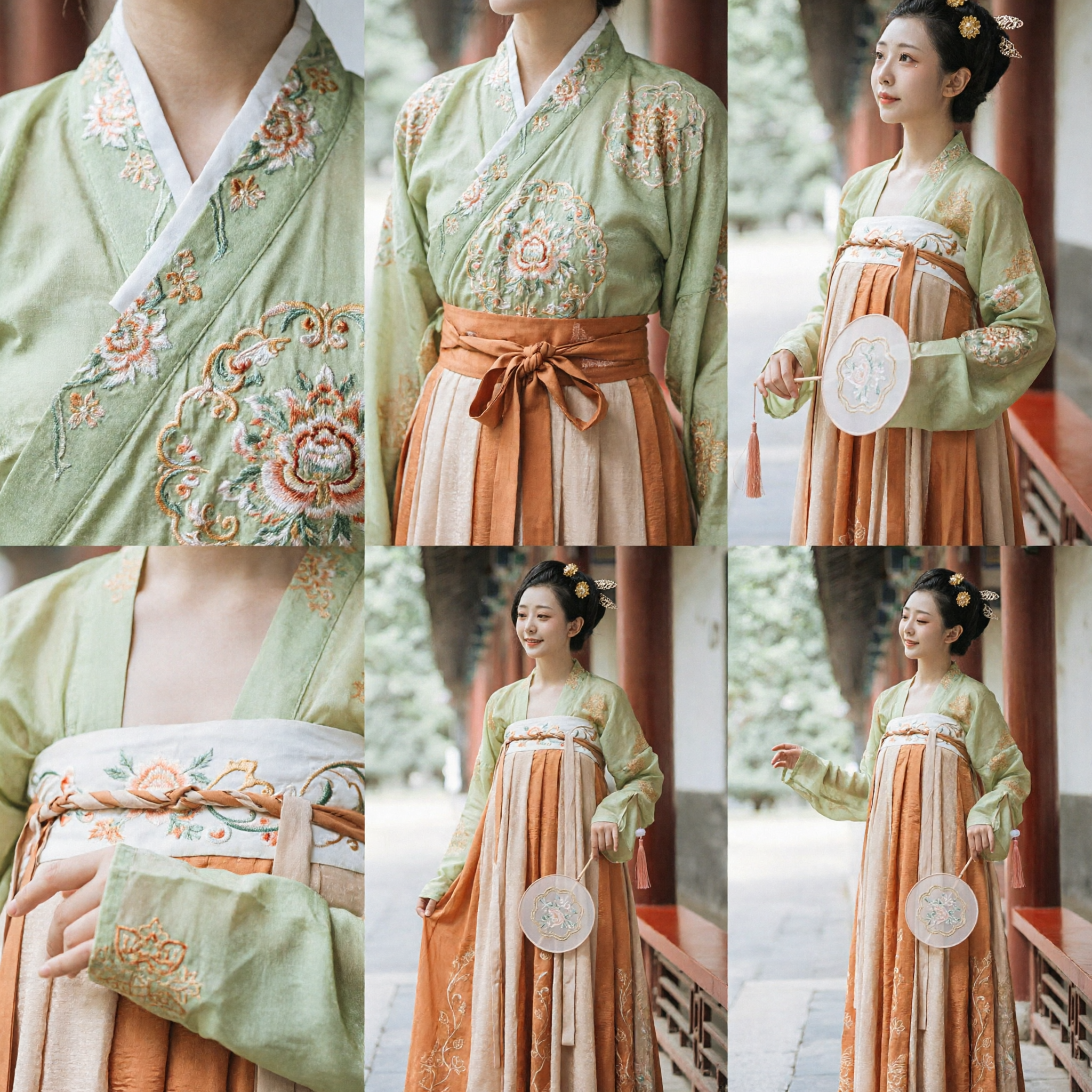 Traditional Chinese Tang Dynasty Hanfu Costume Women Ancient Green Embroidered Top and Orange Skirt Complete Set - Asian Costume