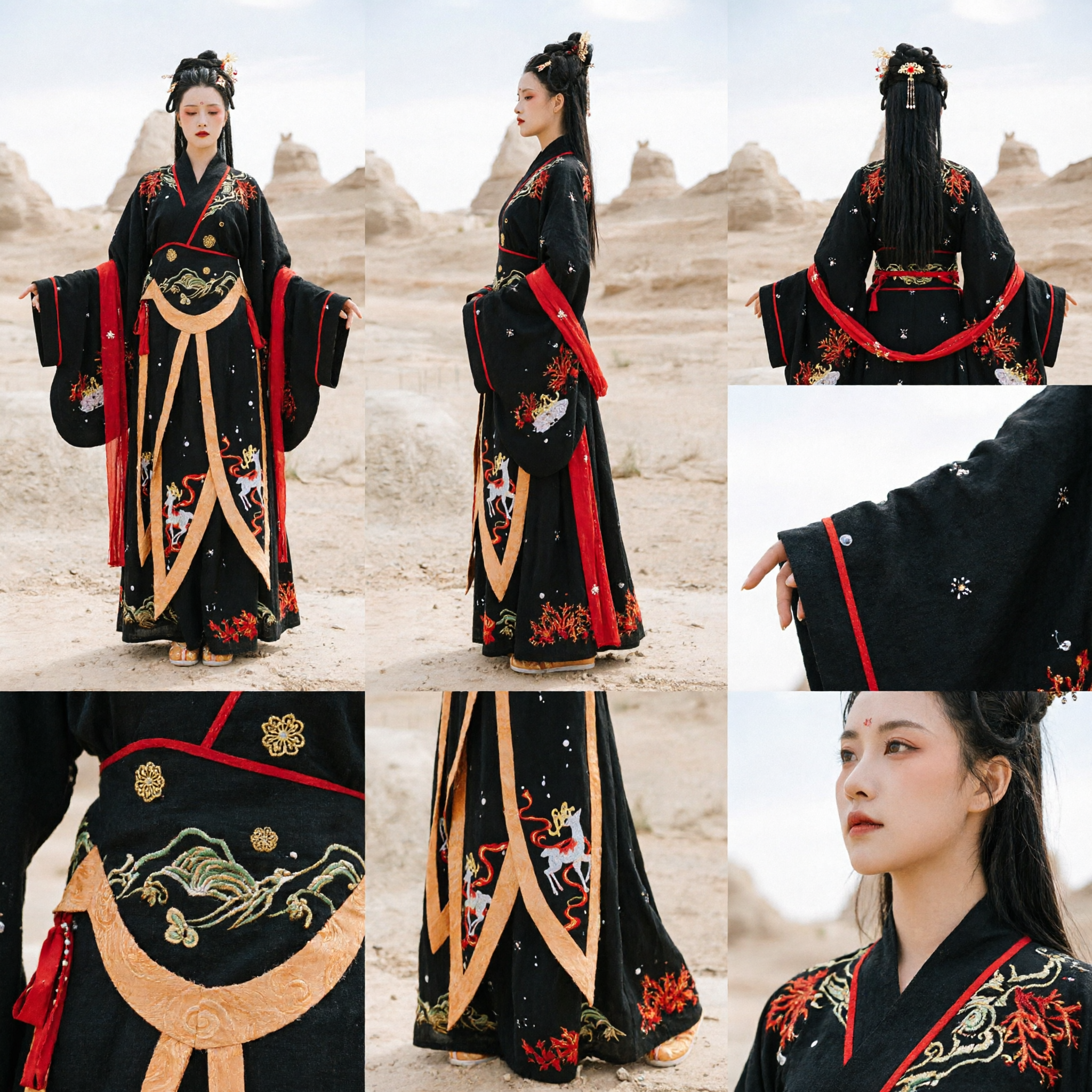 Ancient Chinese Han Dynasty Black Hanfu Dress with Phoenix Embroidery Traditional Costume for Women Stage Performance - Asian Costume