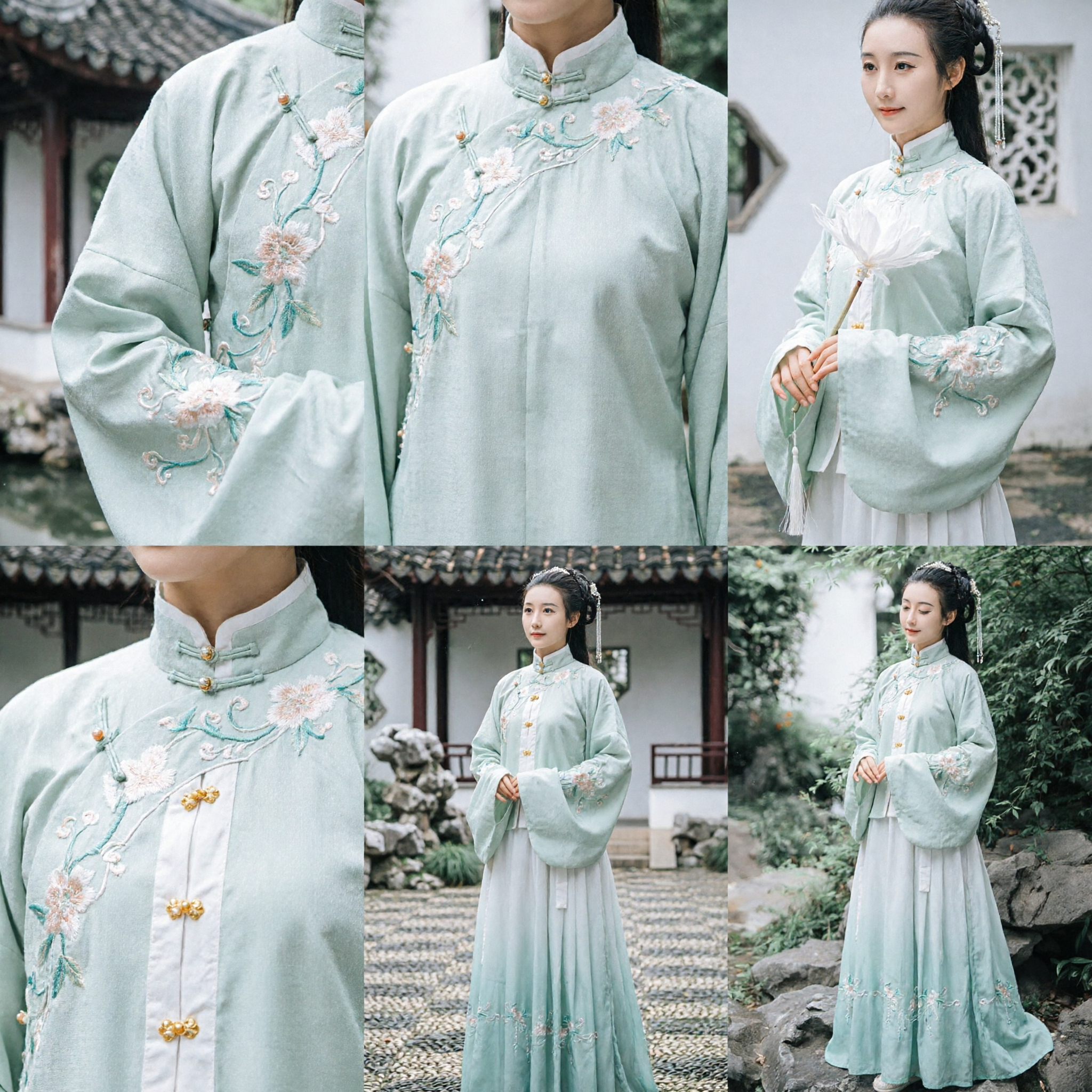Elegant Ming Dynasty Hanfu for Women Pale Green Embroidered Jacket and Skirt Set Traditional Chinese Costume for Photography - Asian Costume