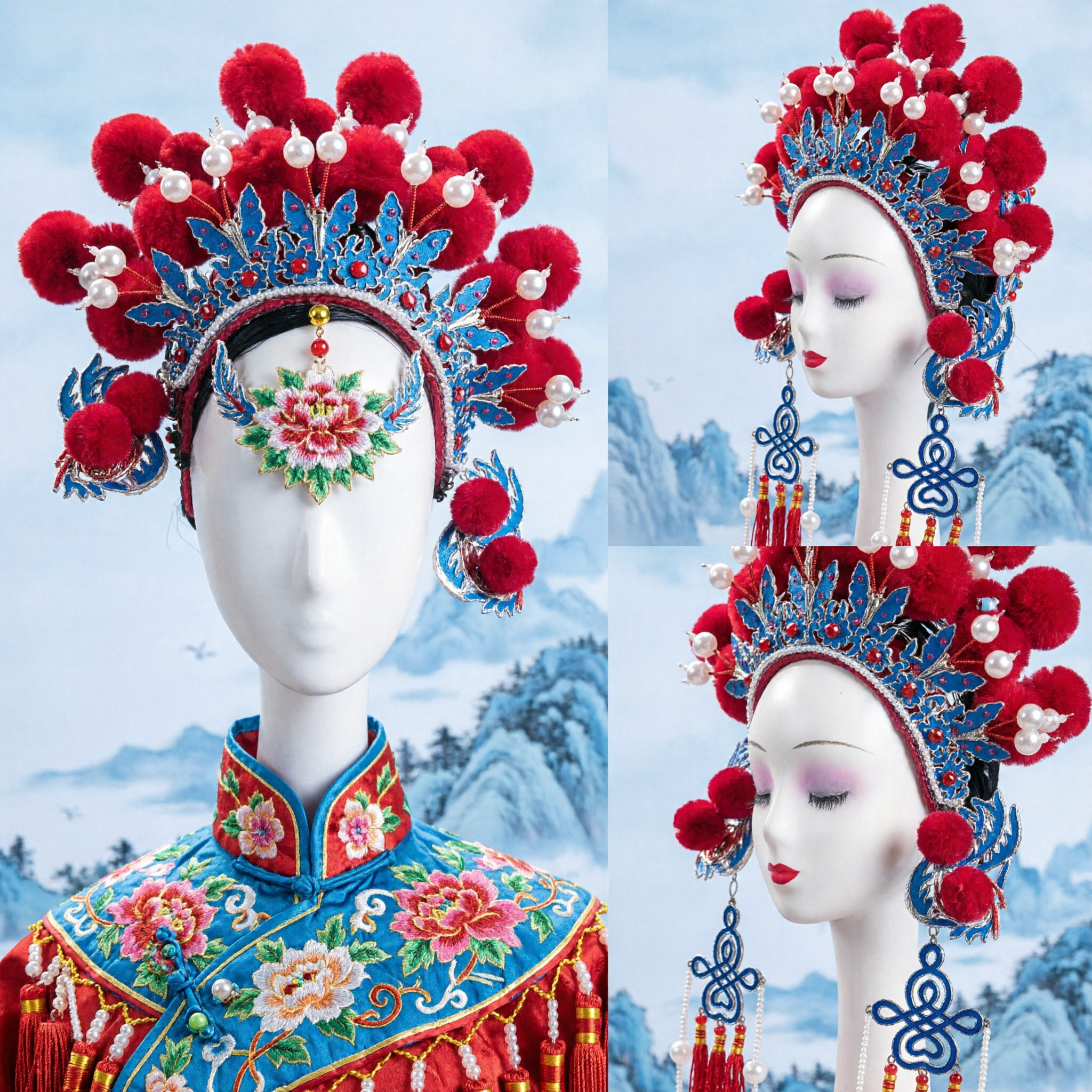 Traditional Chinese Peking Opera Headdress Red Velvet Pom Pom Phoenix Crown with Long Tassels for Stage Performance - Asian Costume