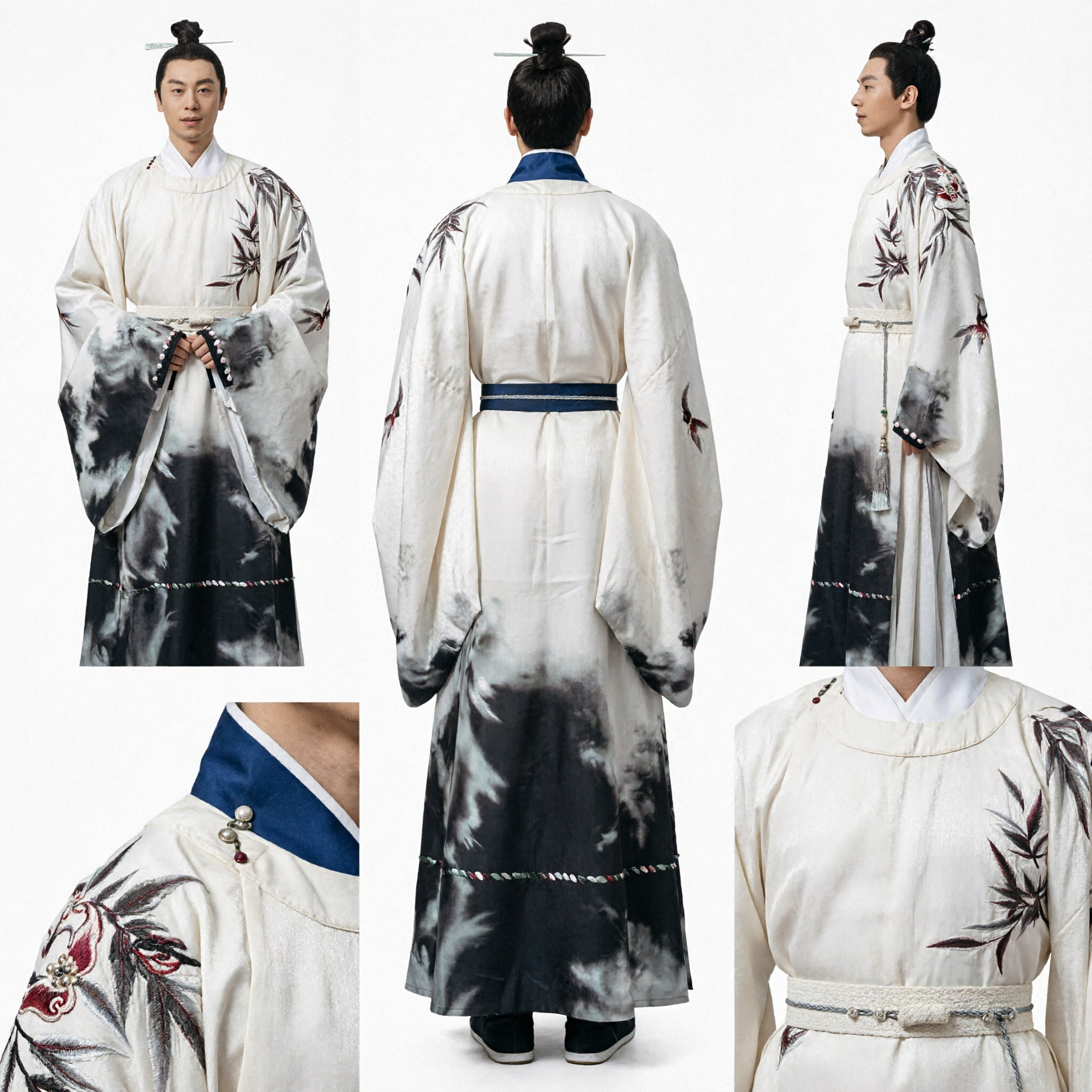 Chinese Traditional Hanfu Men's Ink Wash Bamboo Pattern Ancient Scholar Robe Costume for Stage Performance - Asian Costume