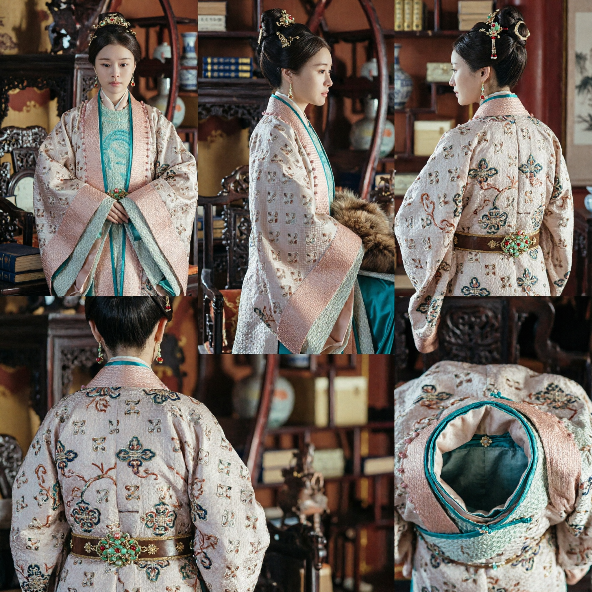 Elegant Ming Dynasty Hanfu Traditional Chinese Costume for Women Pink and Blue Embroidered Robe with Fur Collar - Asian Costume