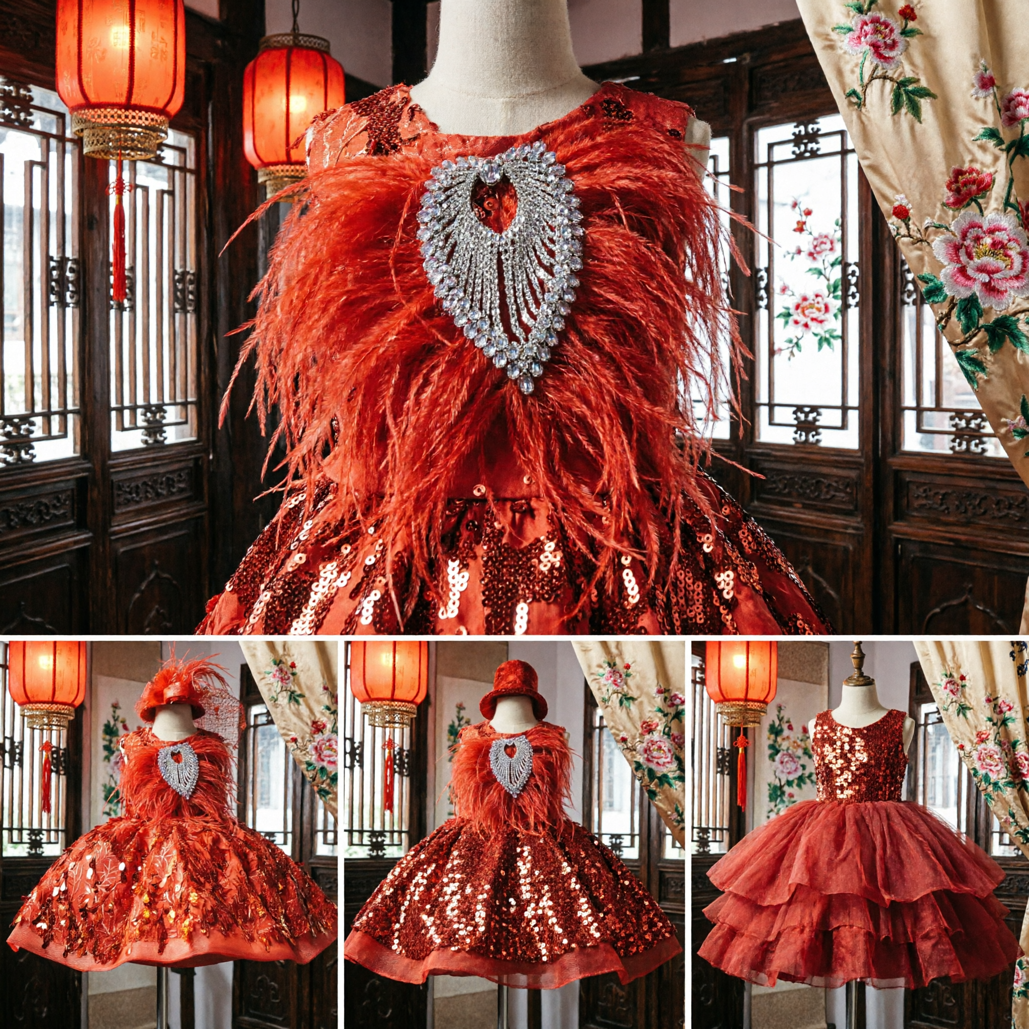 Vibrant Red Feather Cabaret Dance Costume for Girls with Sequined Skirt, Jeweled Brooch, and Matching Hat - Asian Costume