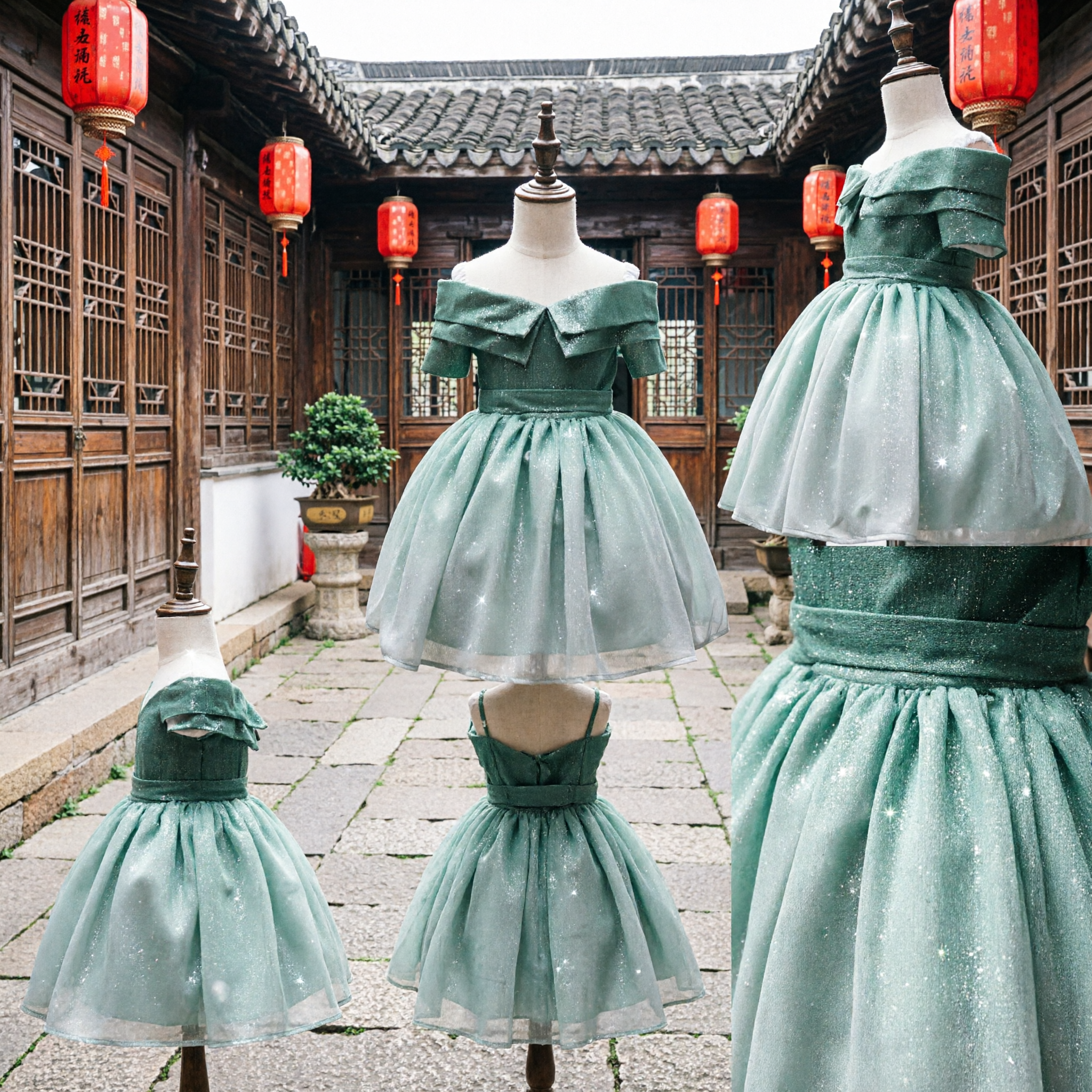 Sparkly Green Ombre Off-Shoulder Bow Dress for Flower Girl Pageant Party Formal Occasion - Asian Costume