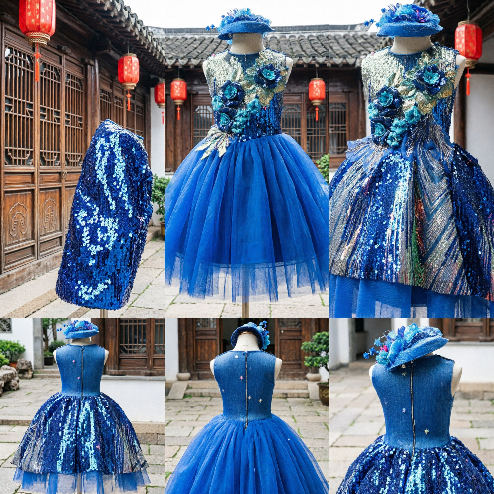 Royal Blue Sequin Stage Performance Dress for Girls Modern Dance Competition Costume with Matching Fascinator Hat - Asian Costume
