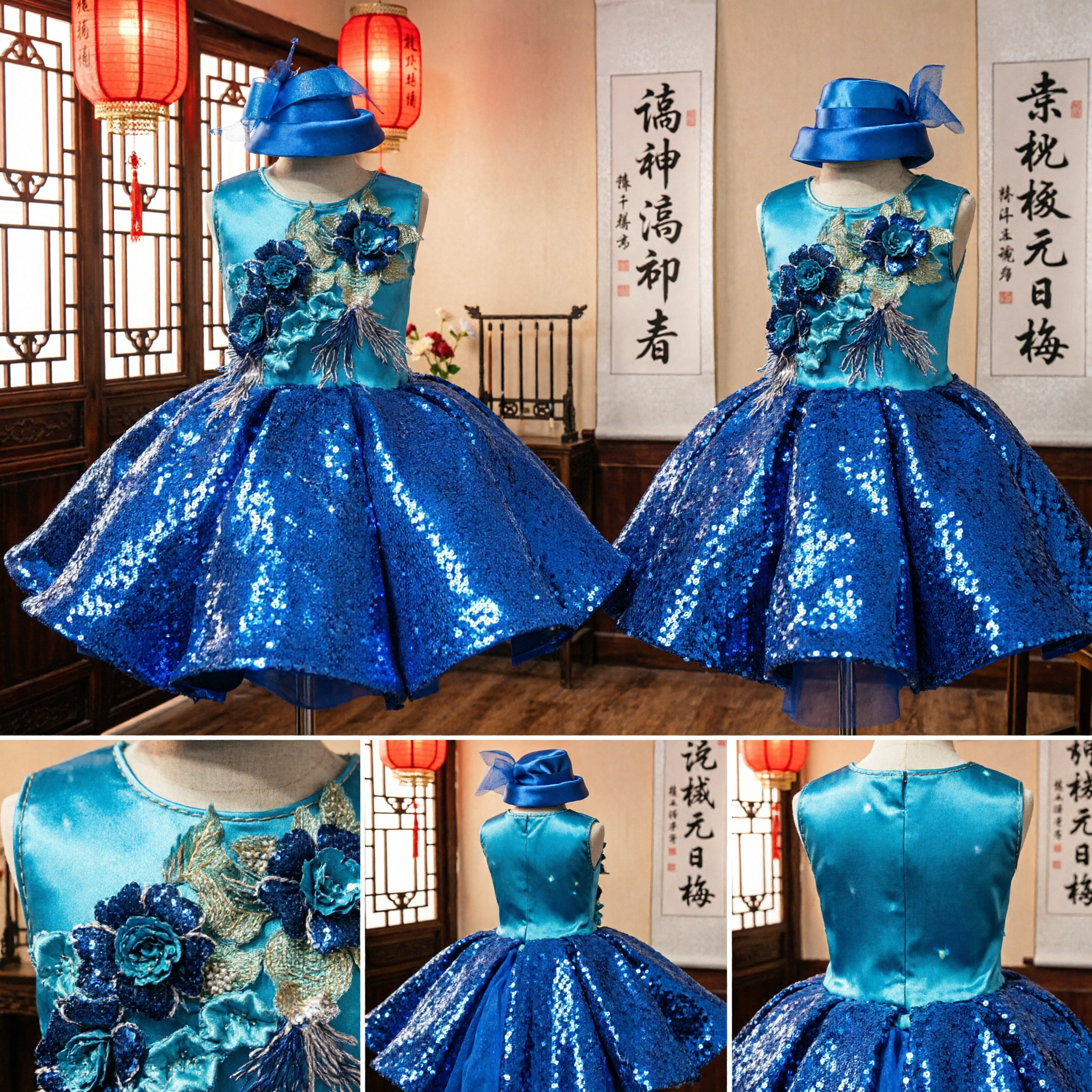 Royal Blue Sequin Performance Dress with 3D Floral Bodice and Matching Hat for Girls Stage Dance - Asian Costume