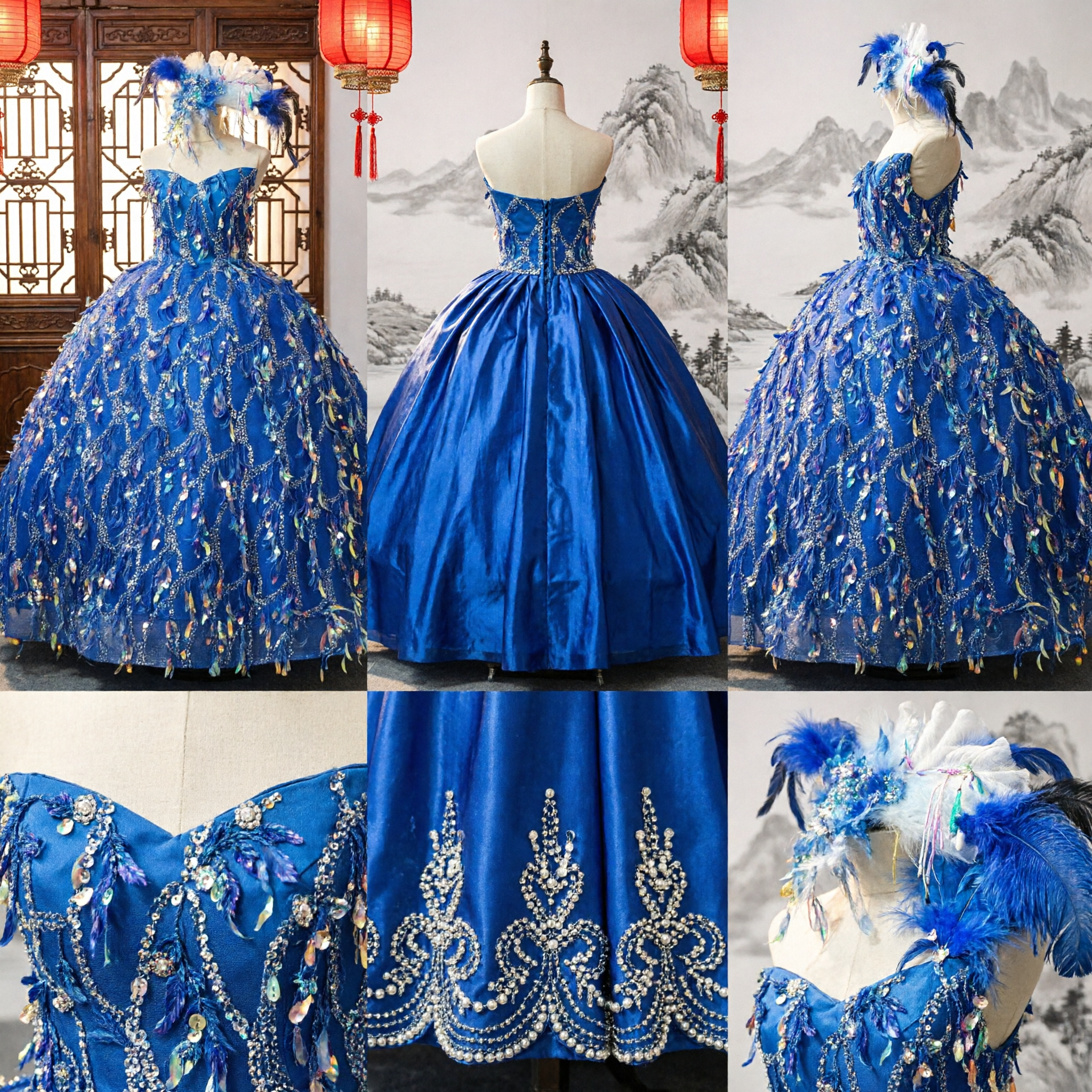 Women's Royal Blue LED Light-Up Ballgown Pageant Dress with Sequin and Feather Details for Carnival Performance - Asian Costume