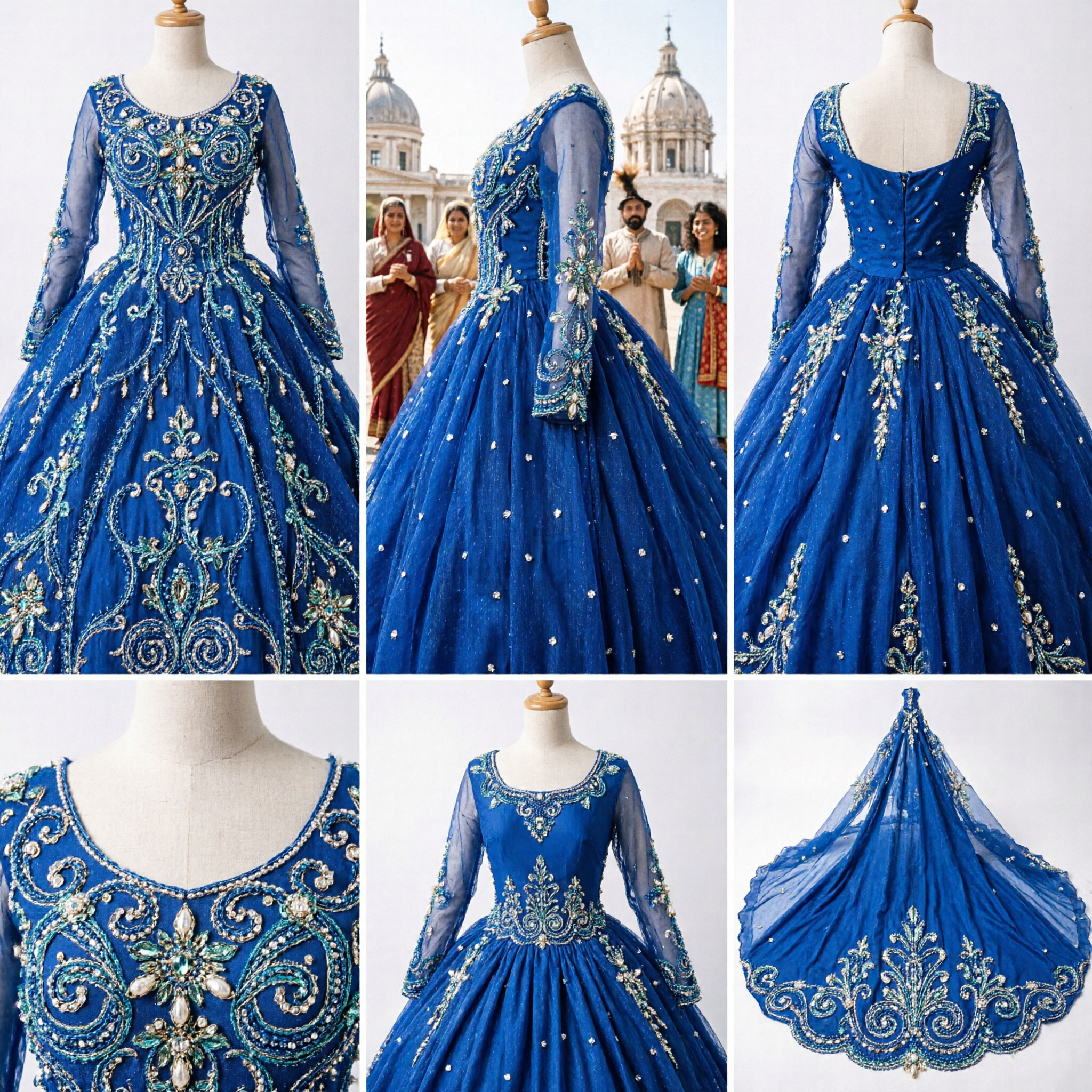 Royal Blue Ruffled Sequin Dance Costume Long Train Stage Performance Dress for Women Show - Asian Costume