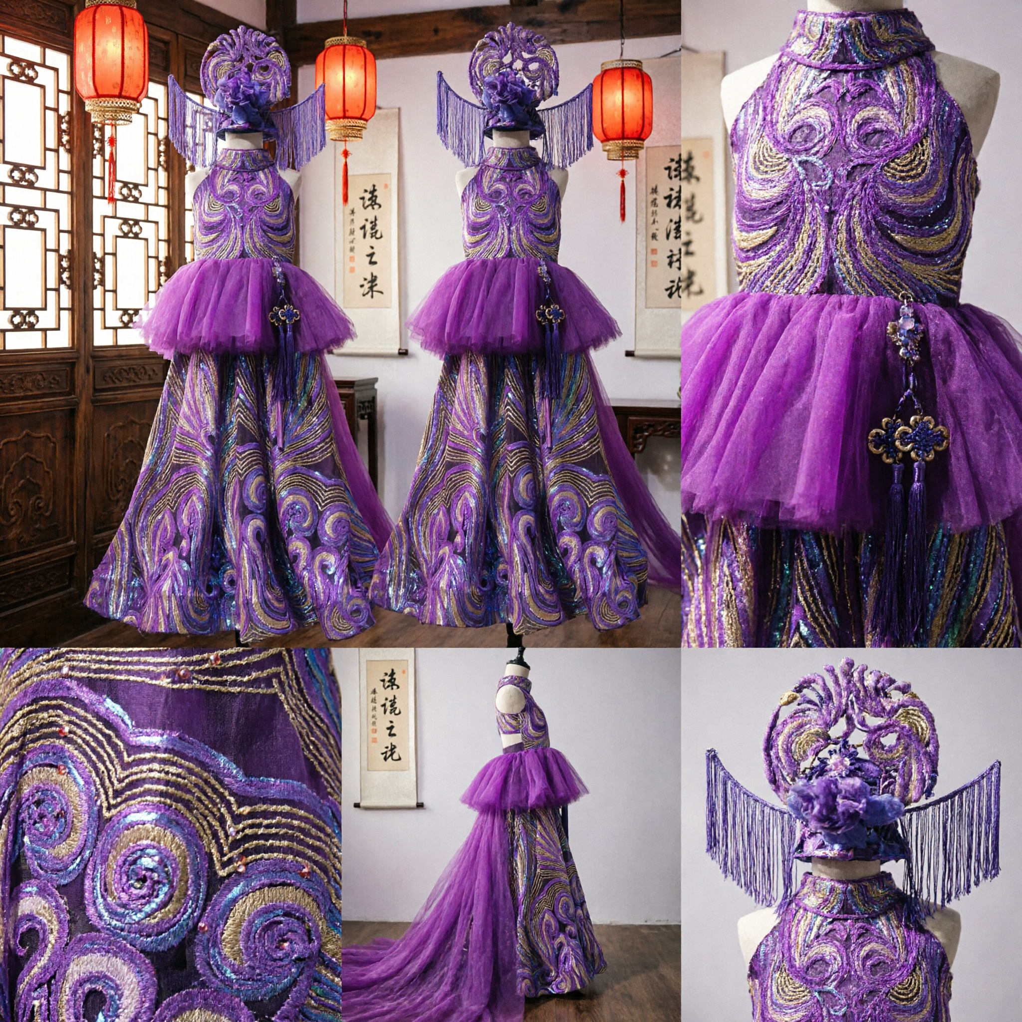 Purple Sequined Samba Carnival Costume with Fringed Mask for Women Stage Performance Dance Dress - Asian Costume