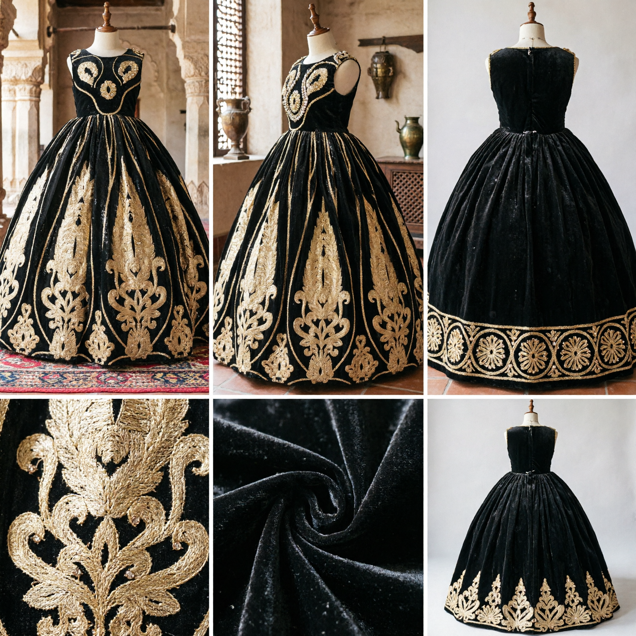 Luxury Black Gold Embroidery Ball Gown Kids Princess Dress Stage Performance Formal Party Costume - Asian Costume
